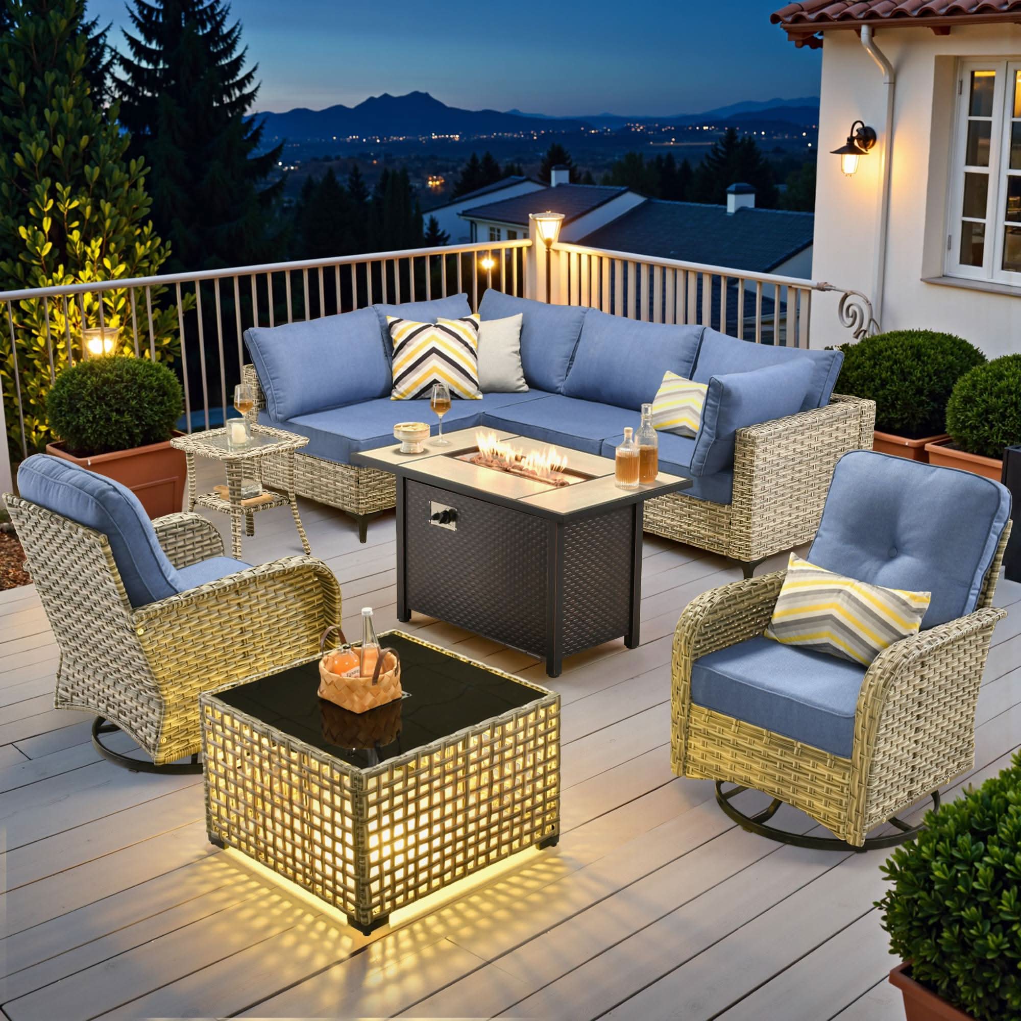 OVIOS Wicker Patio Conversation Set with Fire Pit Table for Backyard & Deck