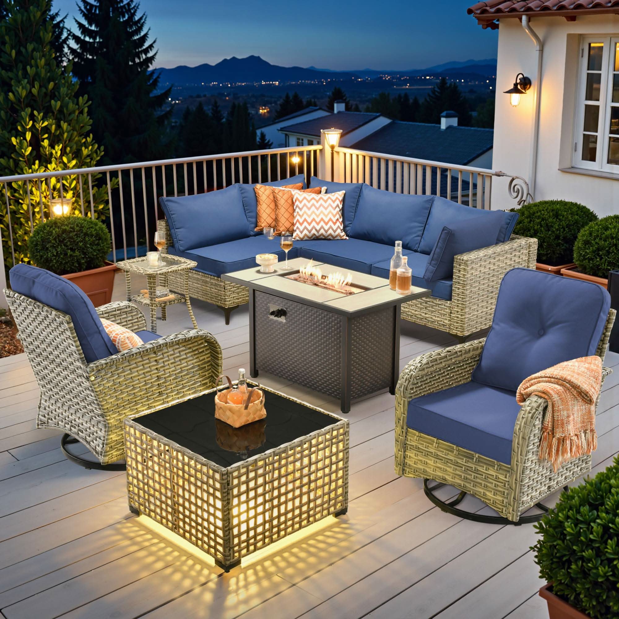 OVIOS Wicker Patio Conversation Set with Fire Pit Table for Backyard & Deck
