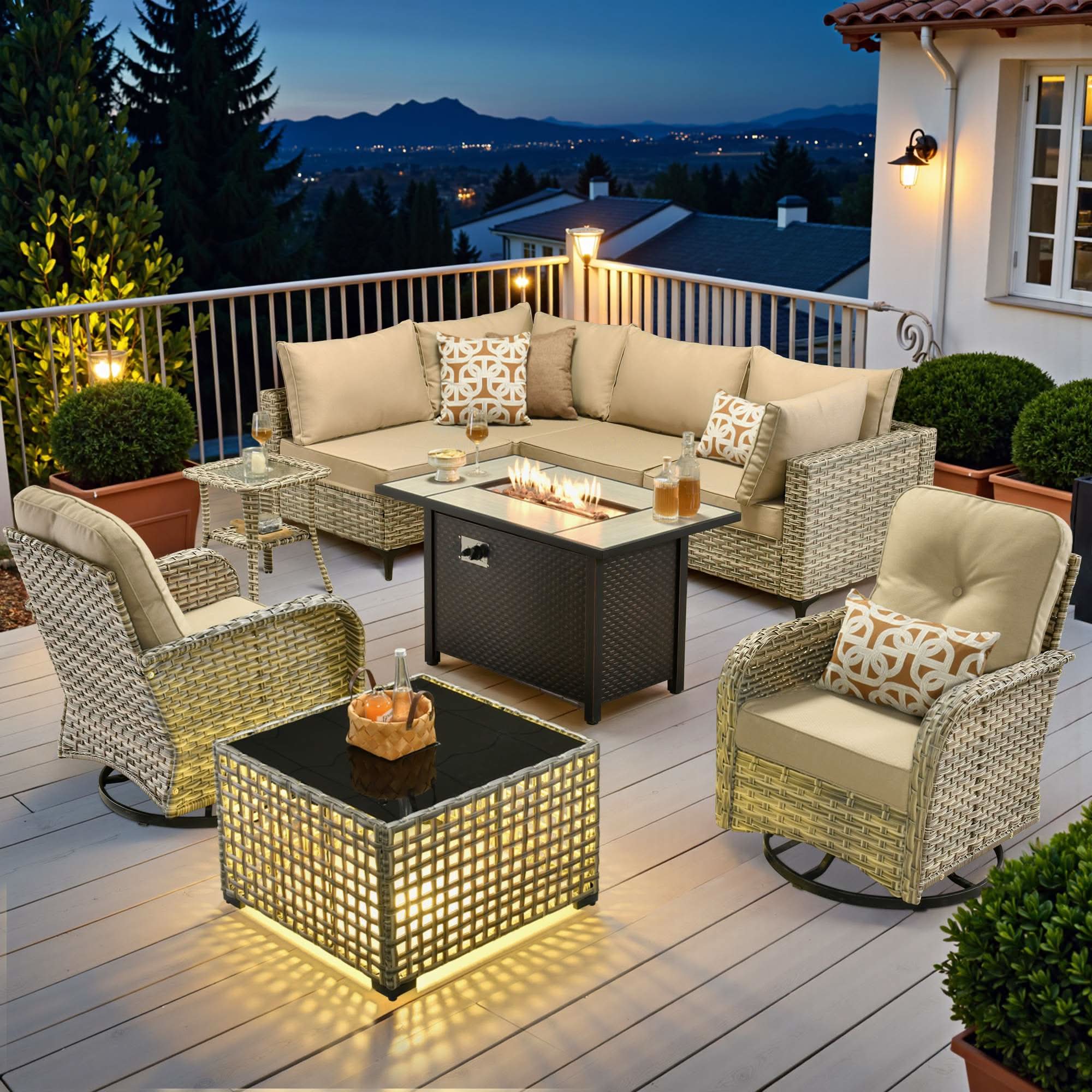OVIOS Wicker Patio Conversation Set with Fire Pit Table for Backyard & Deck
