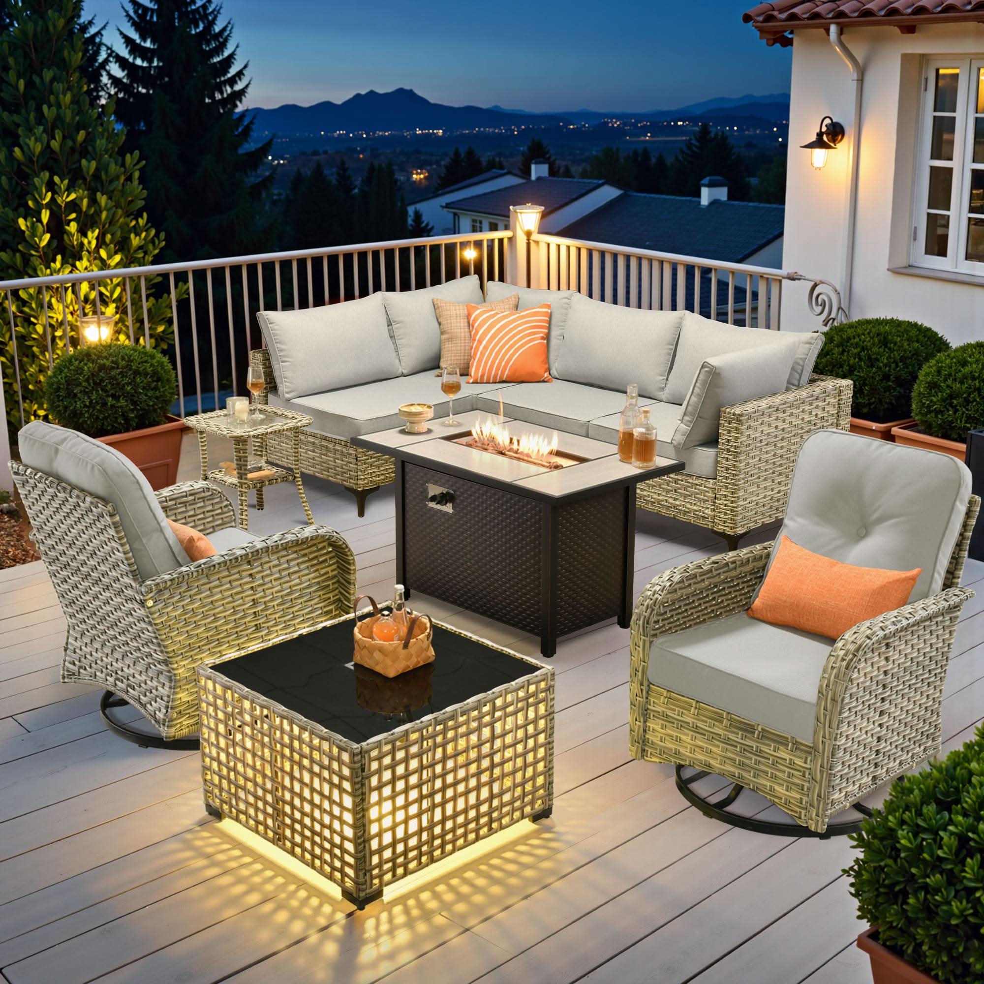 OVIOS Wicker Patio Conversation Set with Fire Pit Table for Backyard & Deck