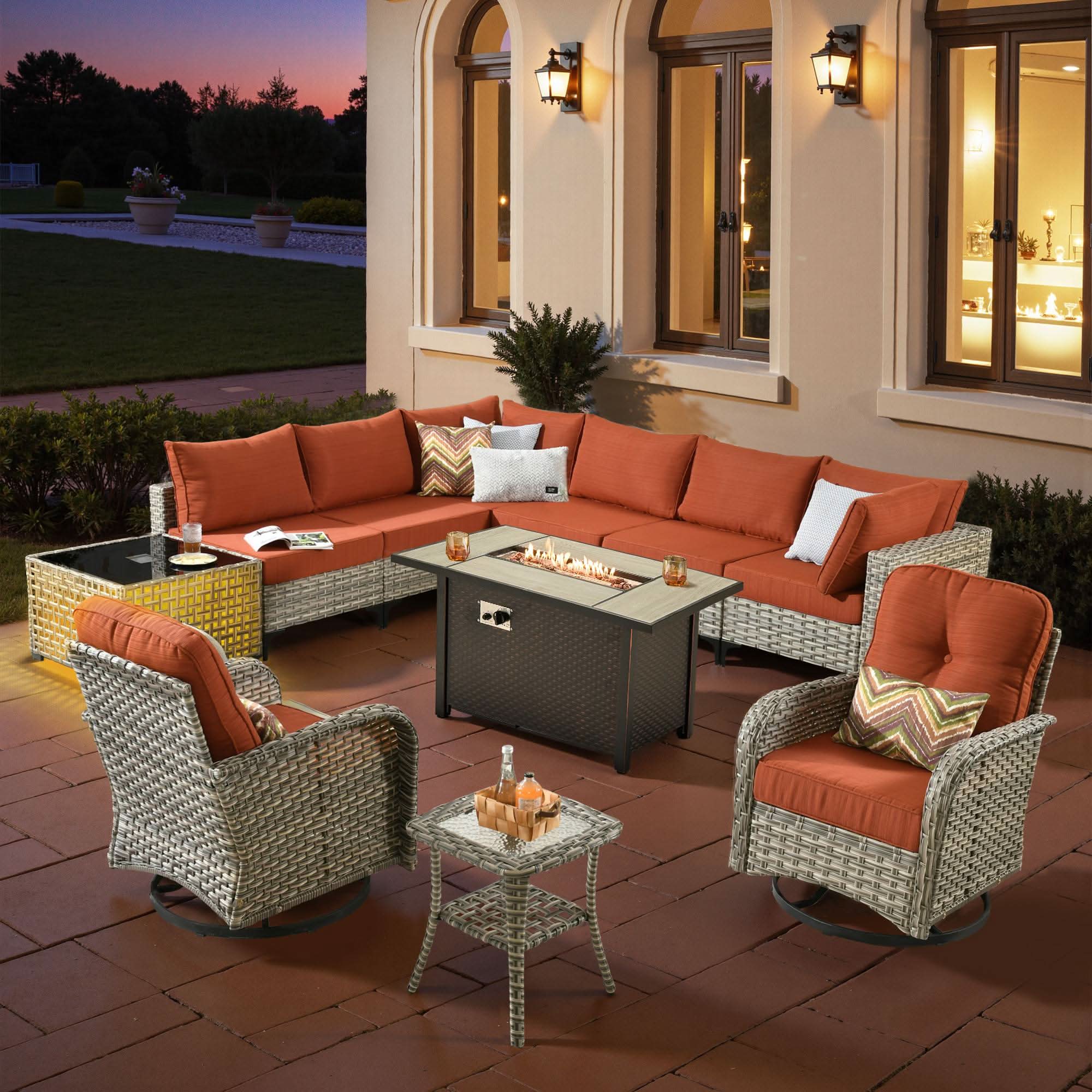 OVIOS Wicker Patio Conversation Set with Fire Pit Table for Backyard & Deck