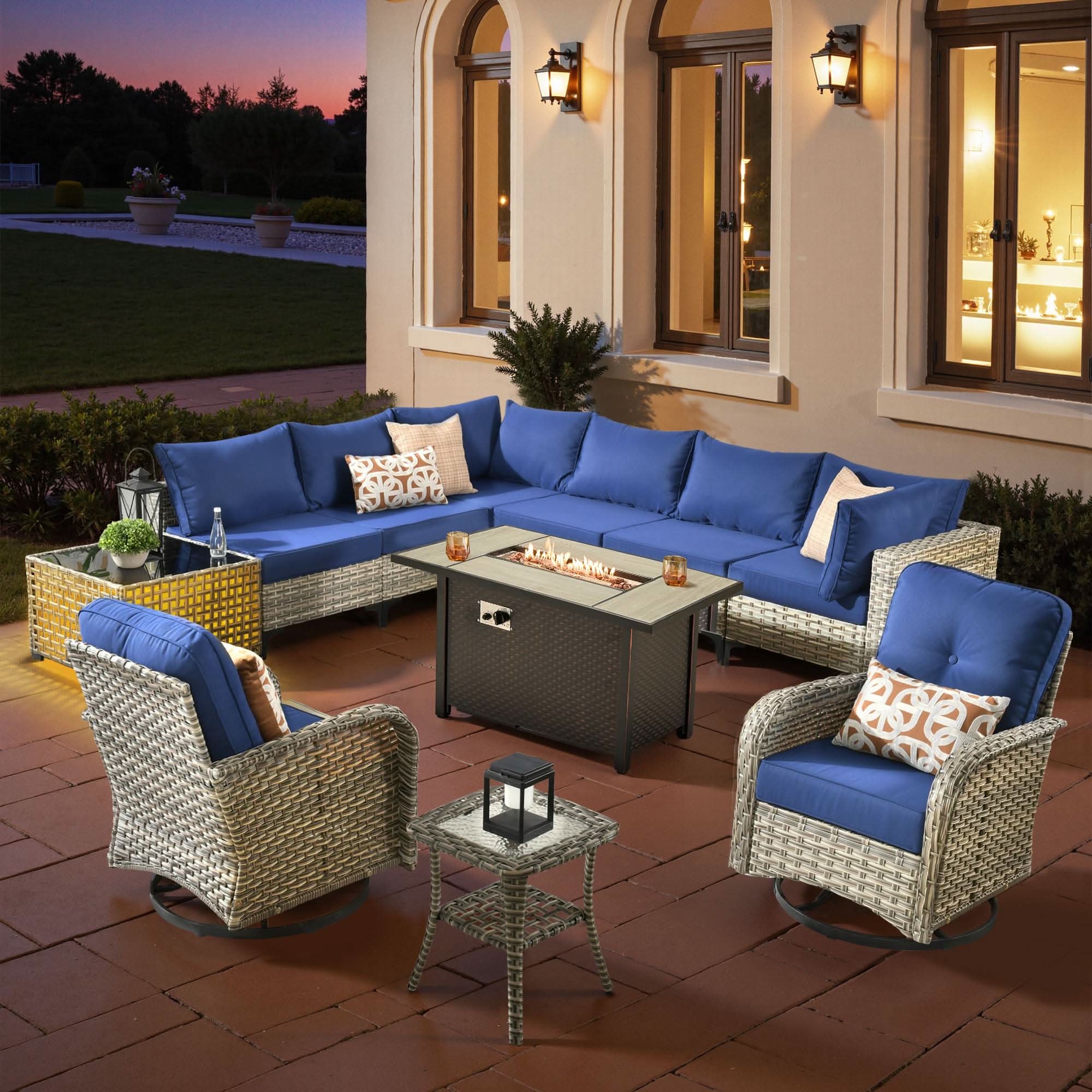 OVIOS Wicker Patio Conversation Set with Fire Pit Table for Backyard & Deck