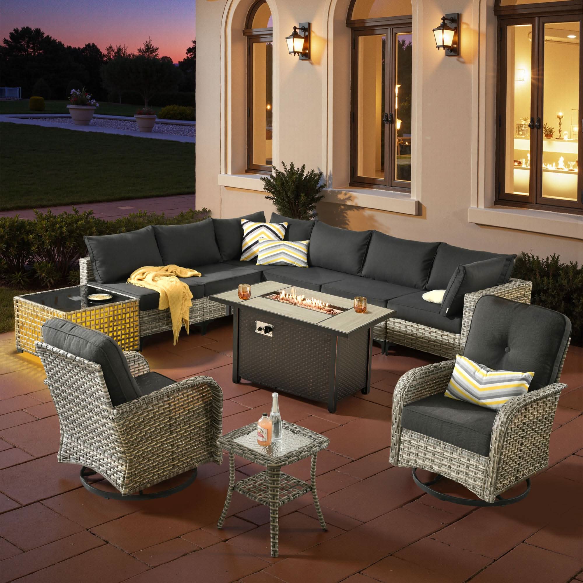 OVIOS Wicker Patio Conversation Set with Fire Pit Table for Backyard & Deck