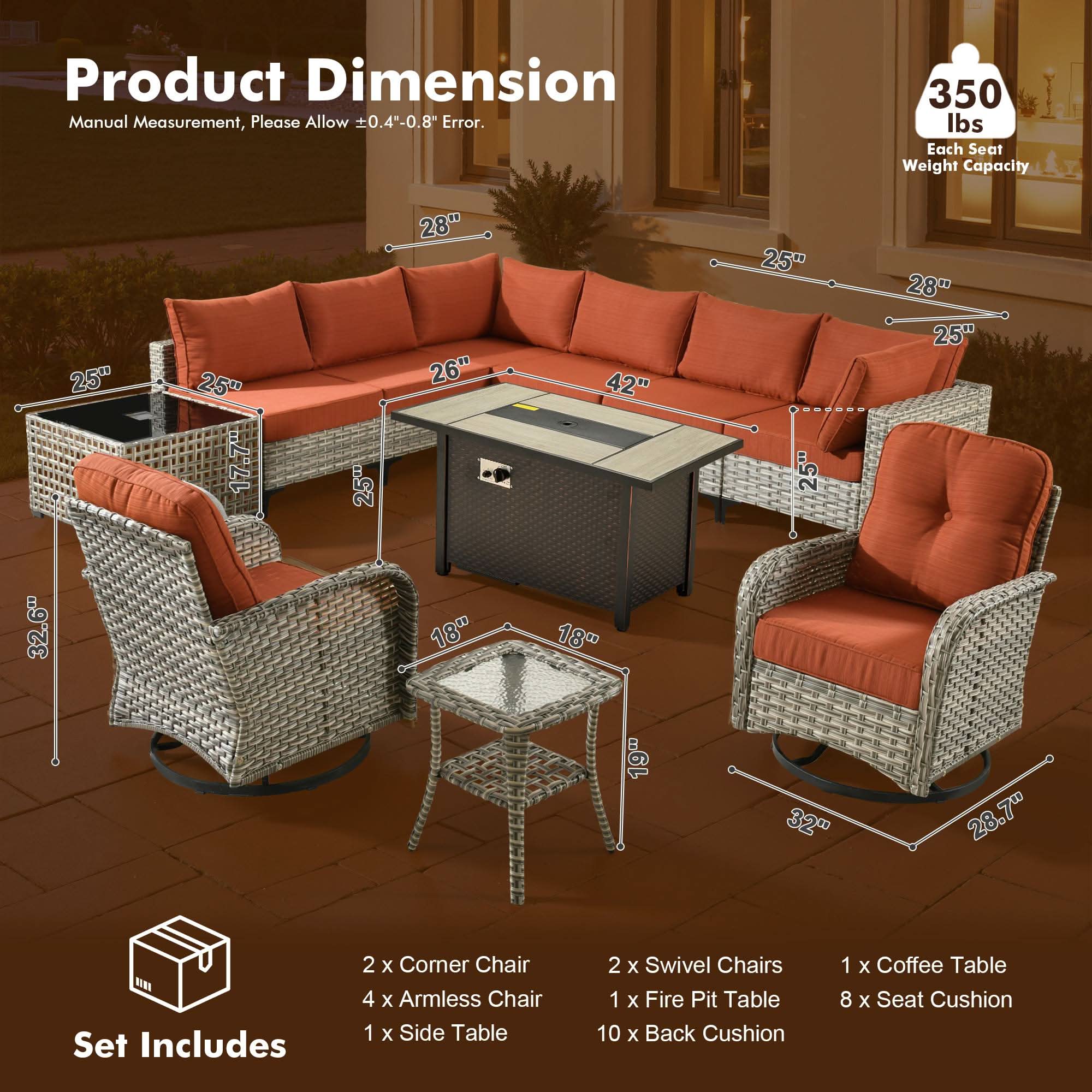 OVIOS Wicker Patio Conversation Set with Fire Pit Table for Backyard & Deck