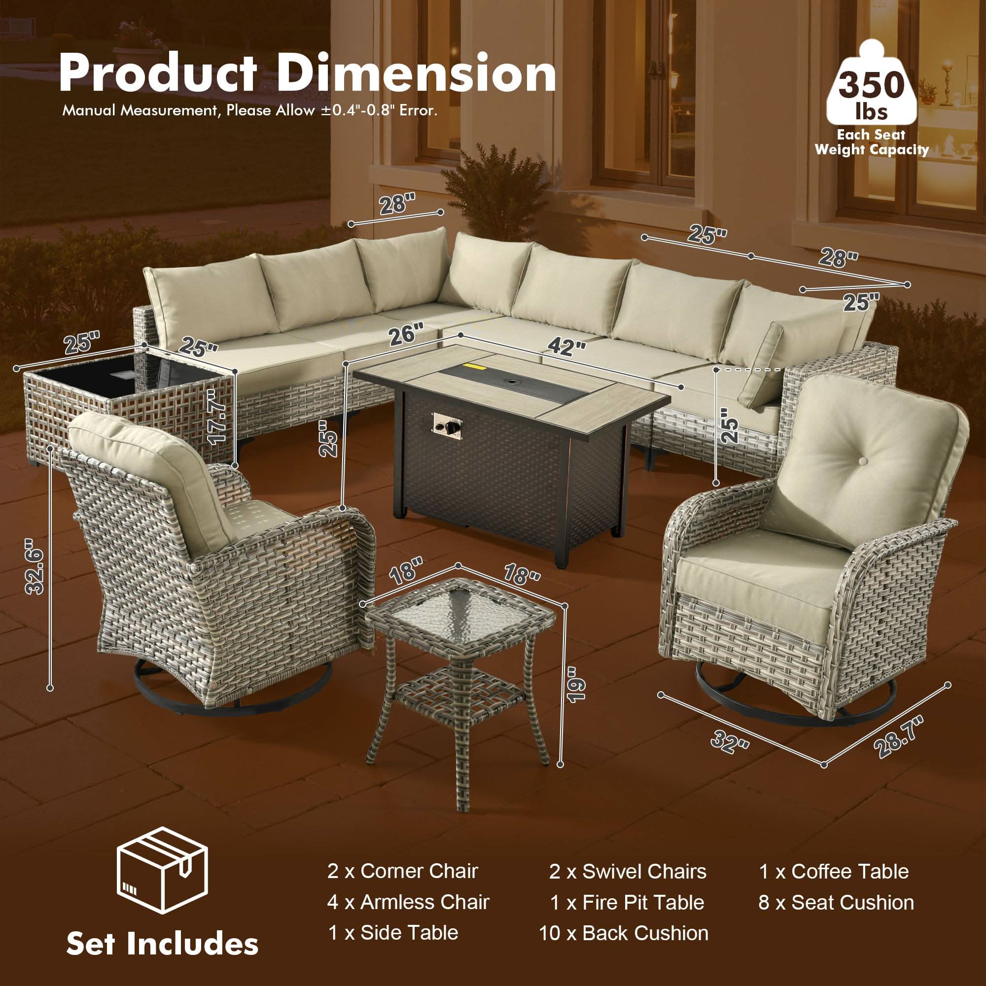 OVIOS Wicker Patio Conversation Set with Fire Pit Table for Backyard & Deck