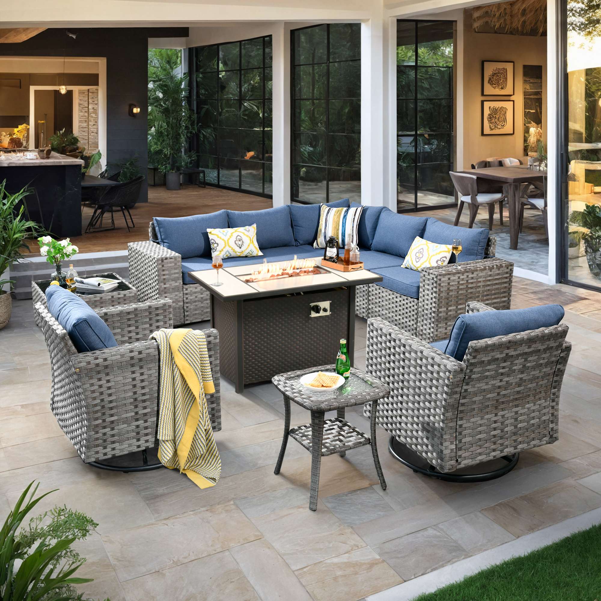 OVIOS Outdoor Patio Furniture Set with Fire Pit Table Wide Armrest Chairs and Rocking Chairs