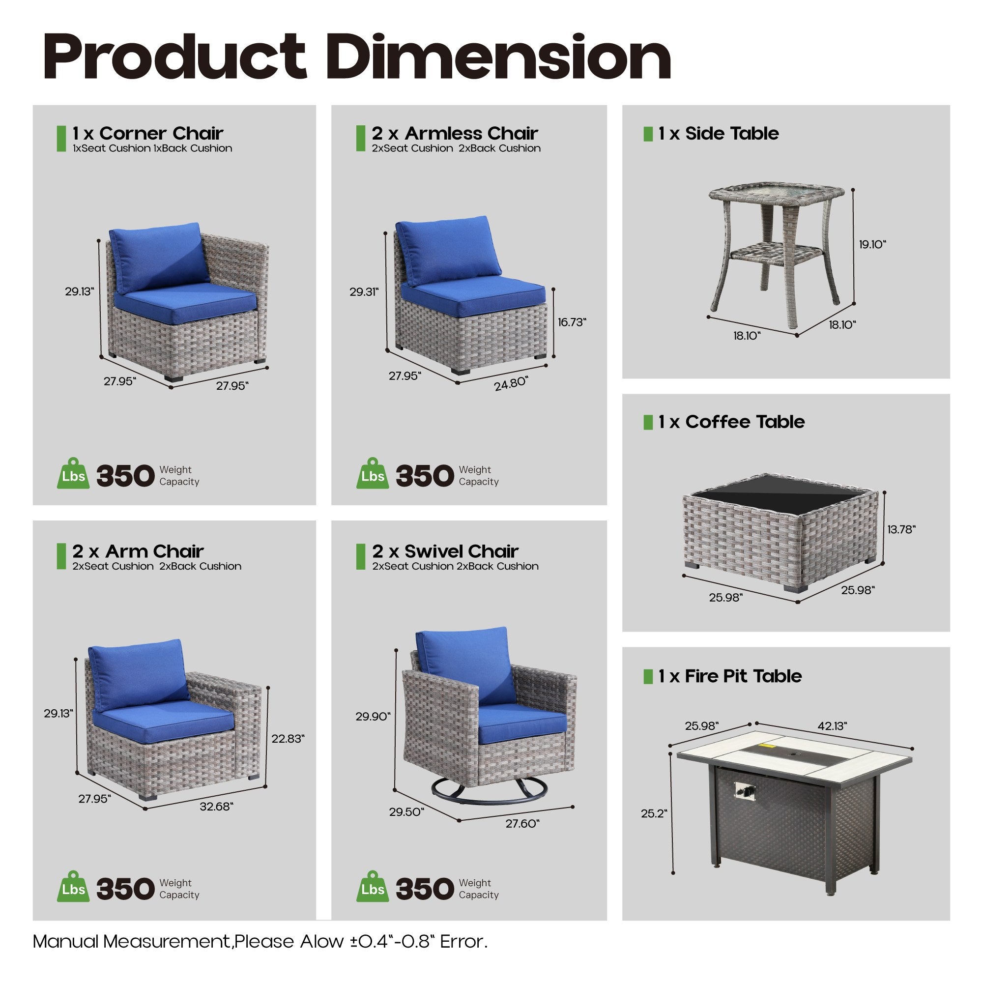 OVIOS Outdoor Patio Furniture Set with Fire Pit Table Wide Armrest Chairs and Rocking Chairs