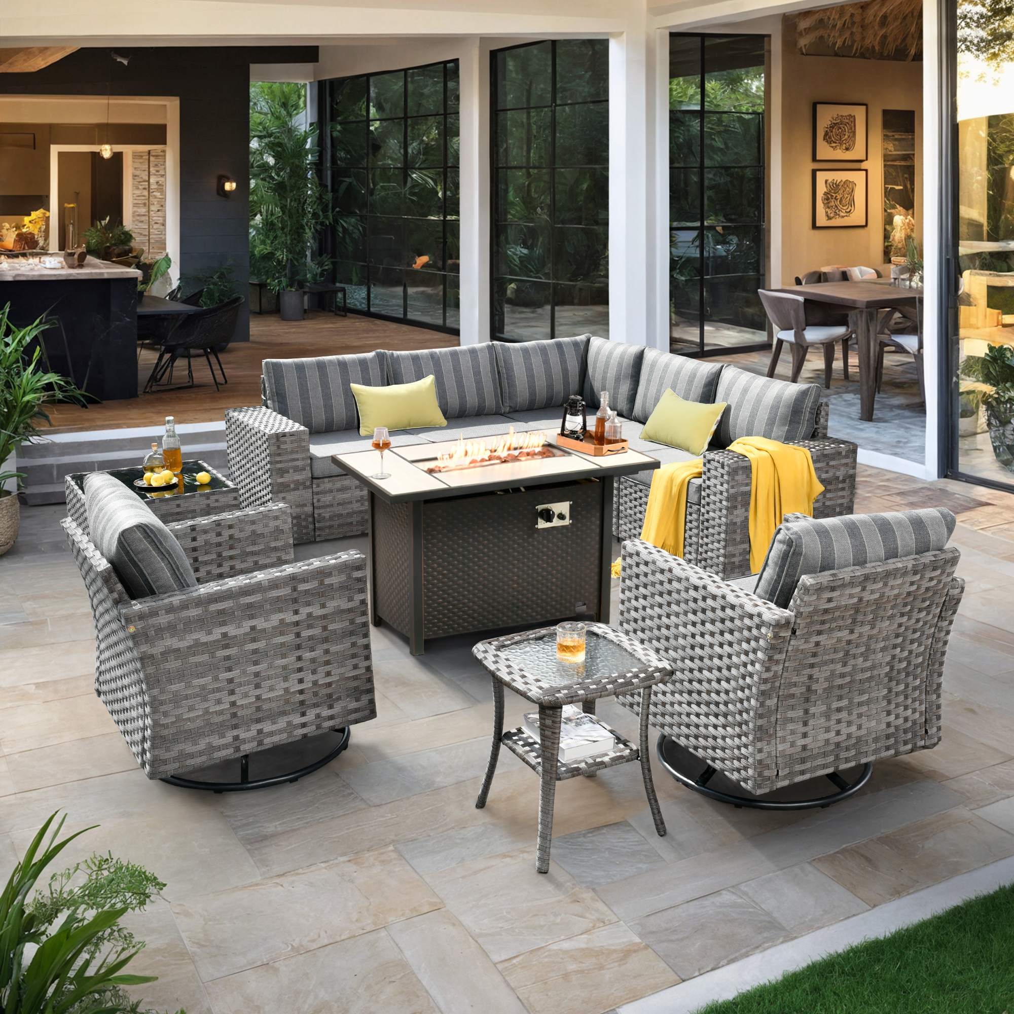 OVIOS Outdoor Patio Furniture Set with Fire Pit Table Wide Armrest Chairs and Rocking Chairs