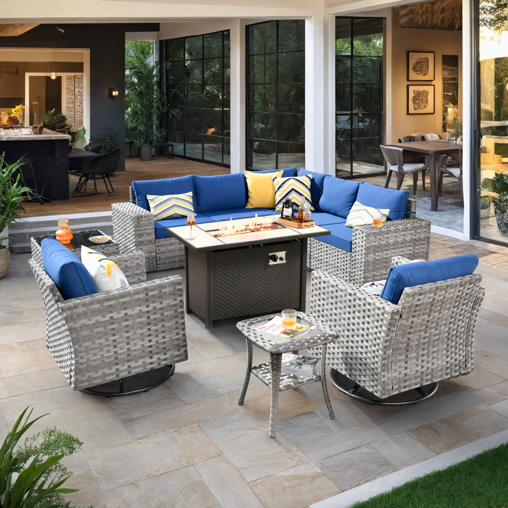 OVIOS Outdoor Patio Furniture Set with Fire Pit Table Wide Armrest Chairs and Rocking Chairs