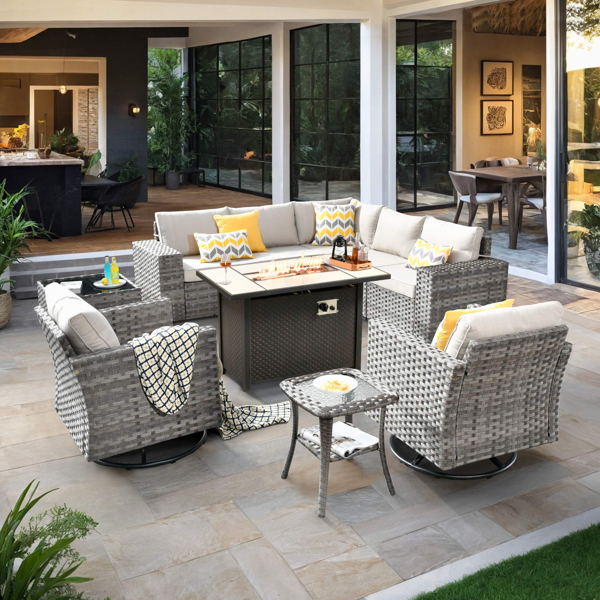 OVIOS Outdoor Patio Furniture Set with Fire Pit Table Wide Armrest Chairs and Rocking Chairs