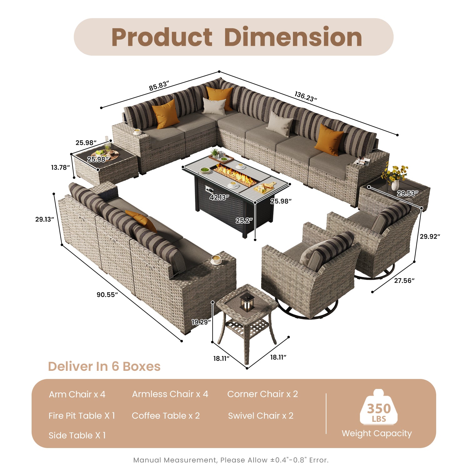OVIOS Outdoor Patio Furniture Set with Fire Pit Table Wide Armrest Chairs and Rocking Chairs