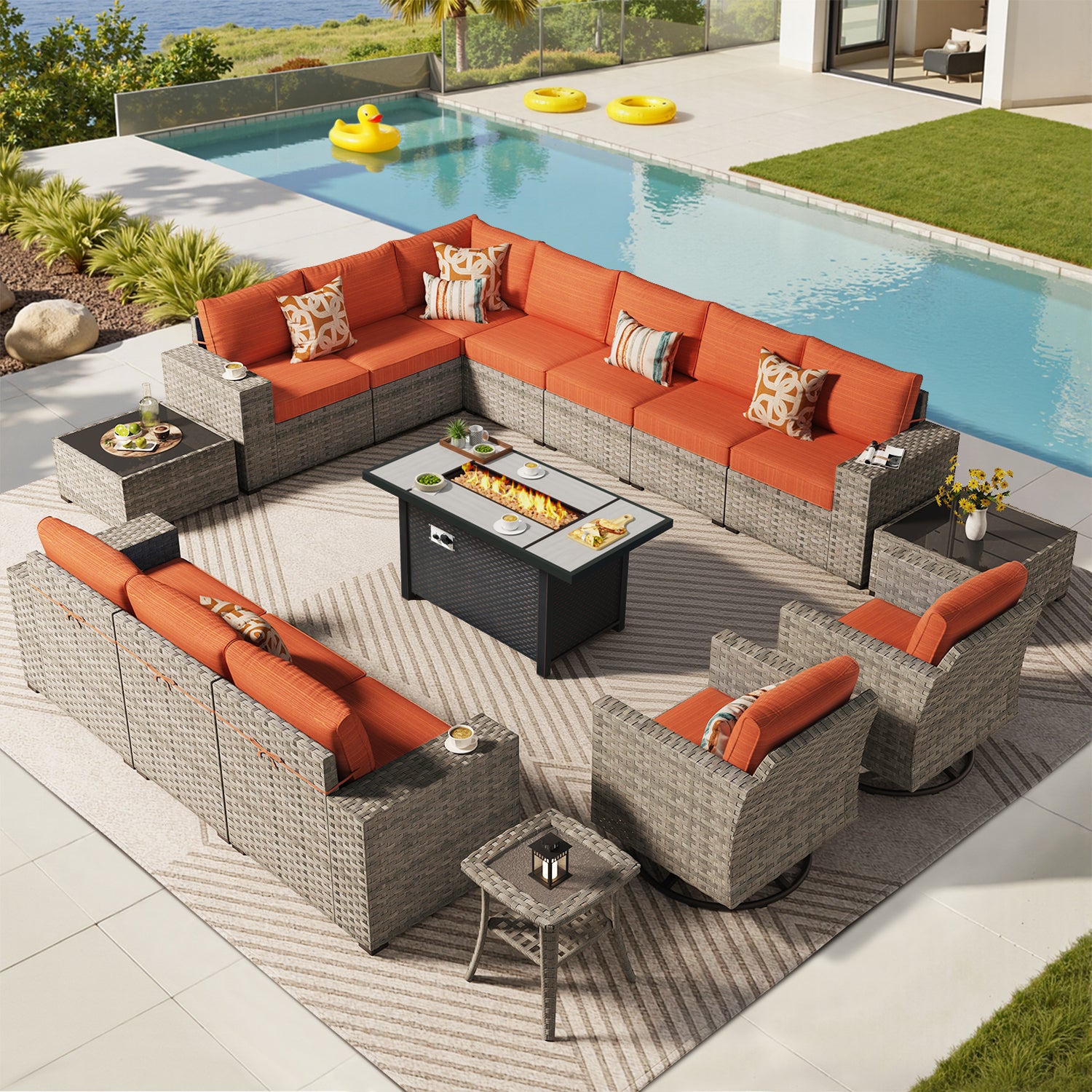 OVIOS Outdoor Patio Furniture Set with Fire Pit Table Wide Armrest Chairs and Rocking Chairs