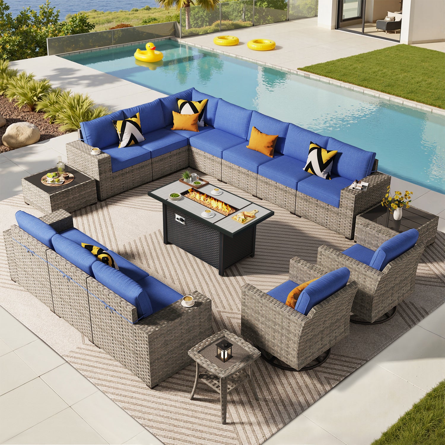 OVIOS Outdoor Patio Furniture Set with Fire Pit Table Wide Armrest Chairs and Rocking Chairs