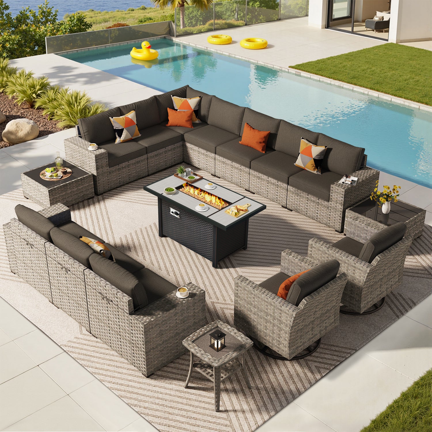 OVIOS Outdoor Patio Furniture Set with Fire Pit Table Wide Armrest Chairs and Rocking Chairs