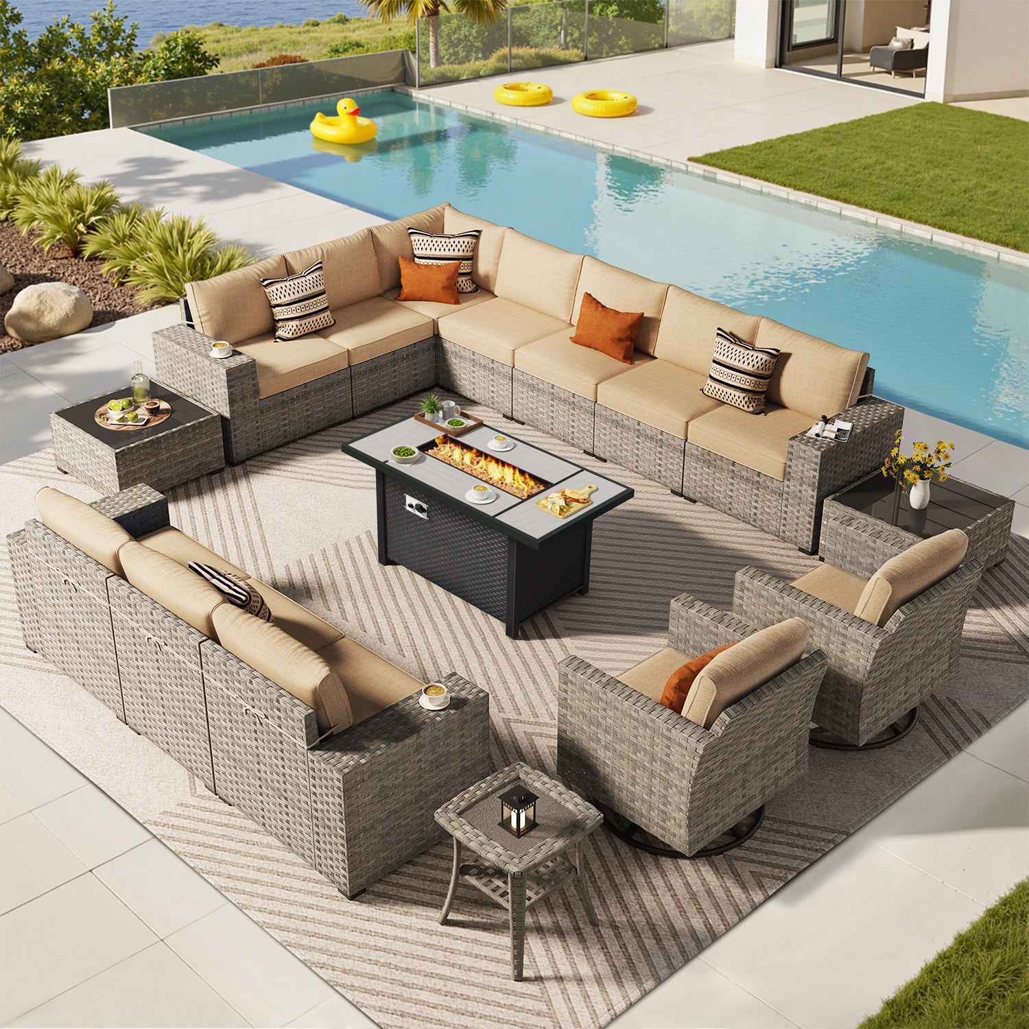 OVIOS Outdoor Patio Furniture Set with Fire Pit Table Wide Armrest Chairs and Rocking Chairs