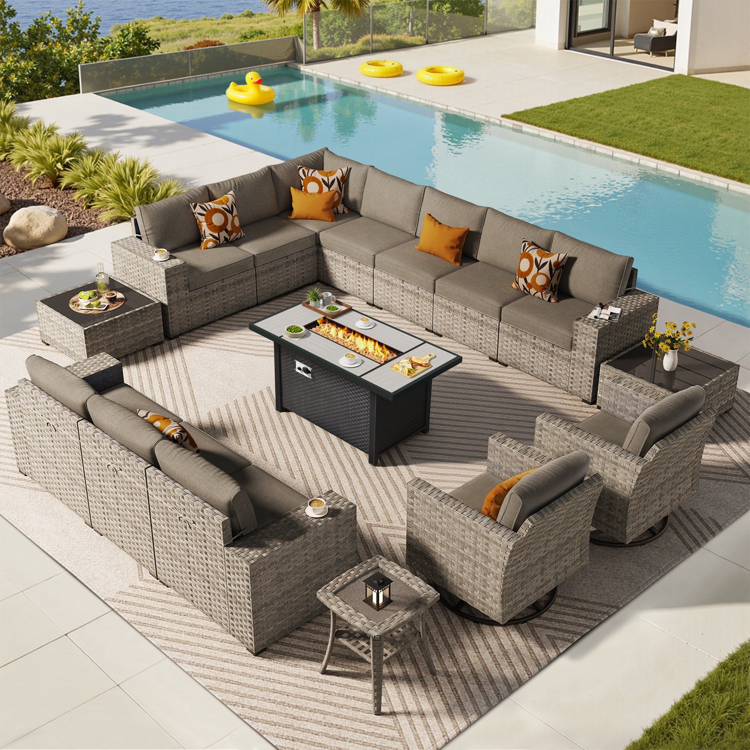 OVIOS Outdoor Patio Furniture Set with Fire Pit Table Wide Armrest Chairs and Rocking Chairs