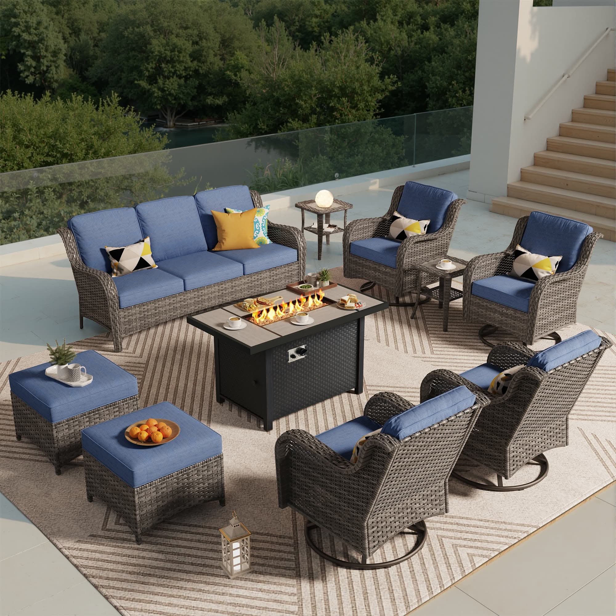 OVIOS Outdoor Wicker Patio Furniture Set with Fire Pit Table