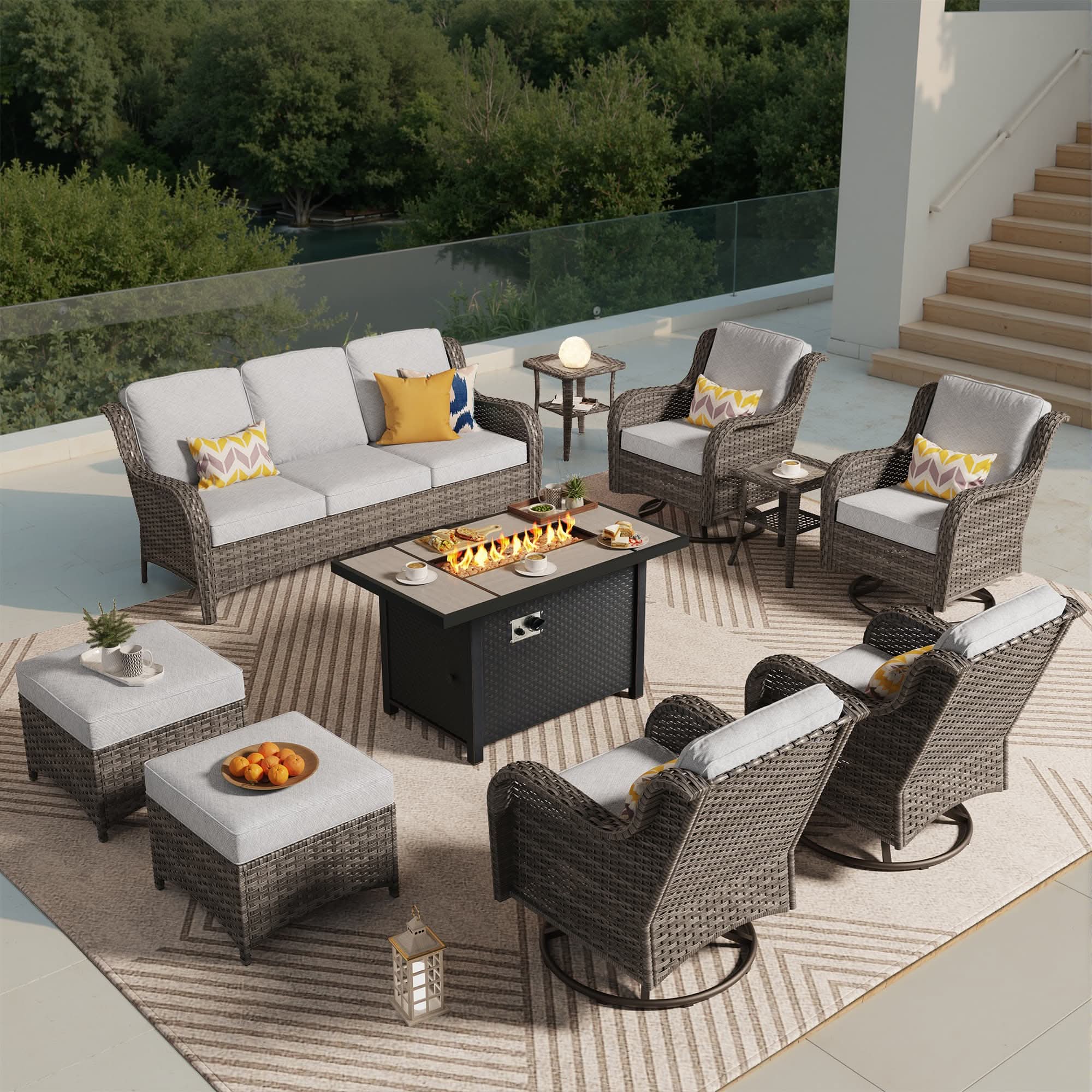 OVIOS 10-Piece Outdoor Wicker Patio Set with Fire Pit Table