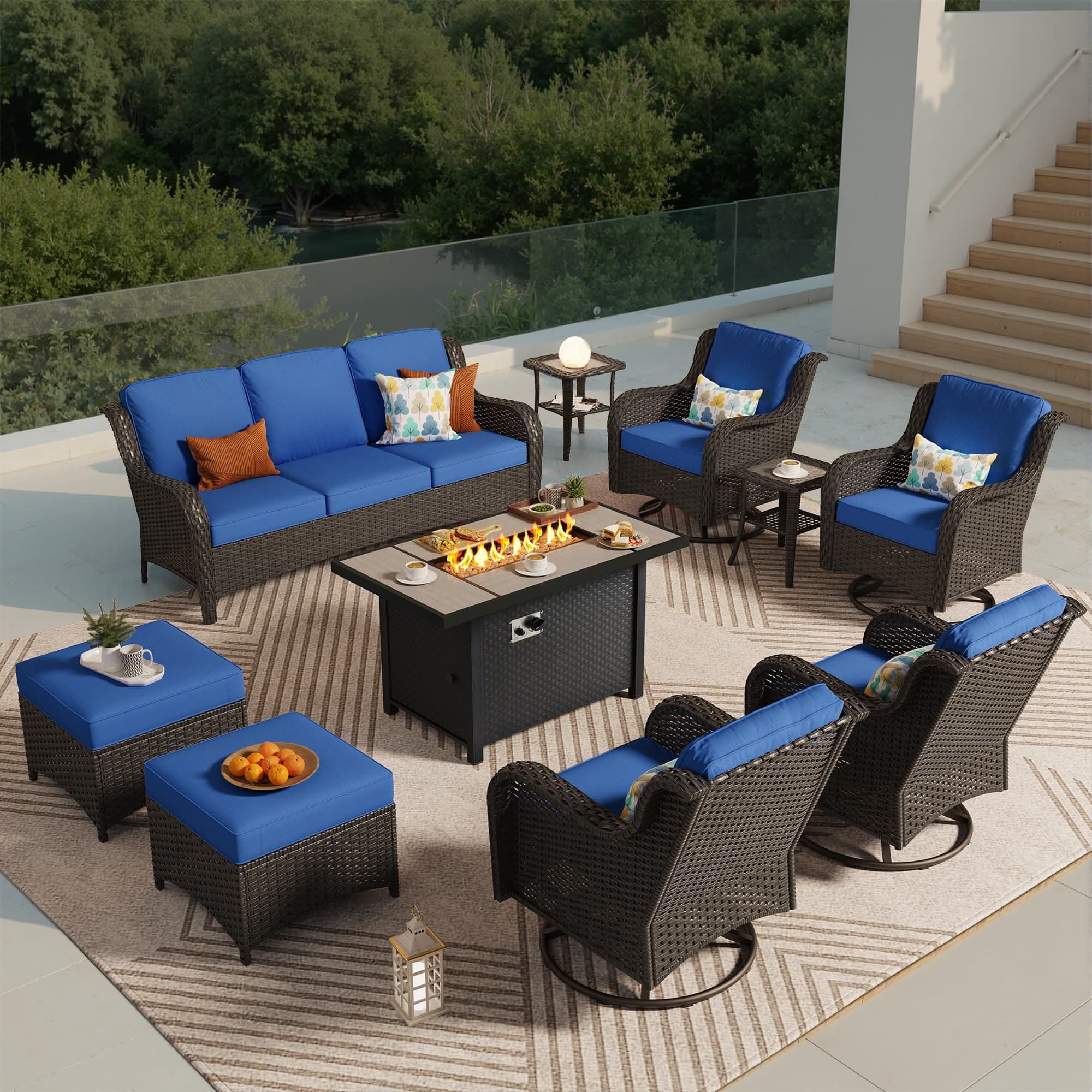 OVIOS 10-Piece Outdoor Wicker Patio Set with Fire Pit Table
