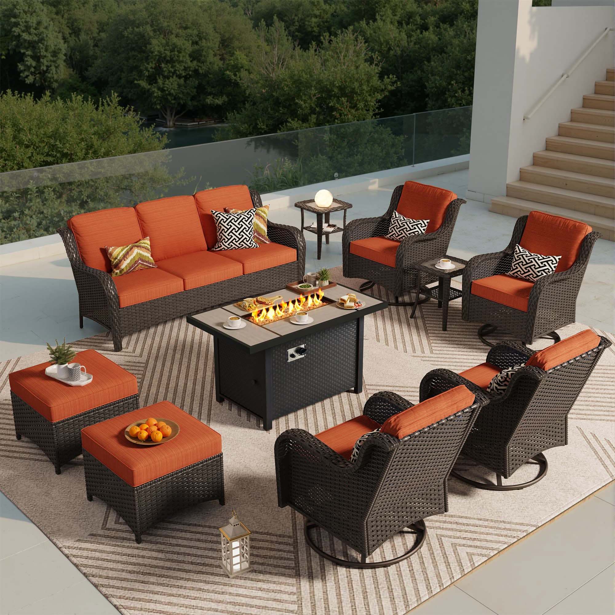 OVIOS 10-Piece Outdoor Wicker Patio Set with Fire Pit Table