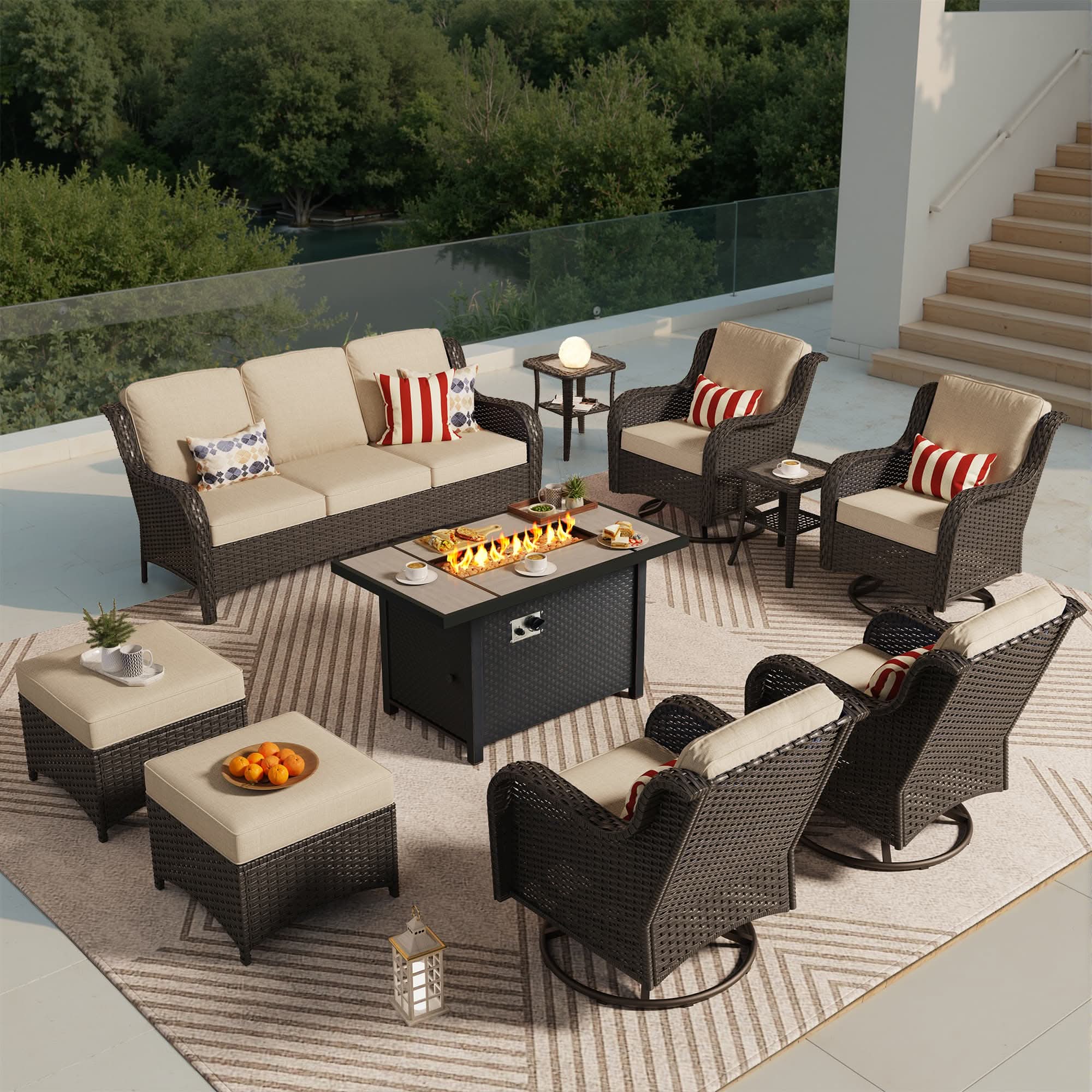 OVIOS 10-Piece Outdoor Wicker Patio Set with Fire Pit Table