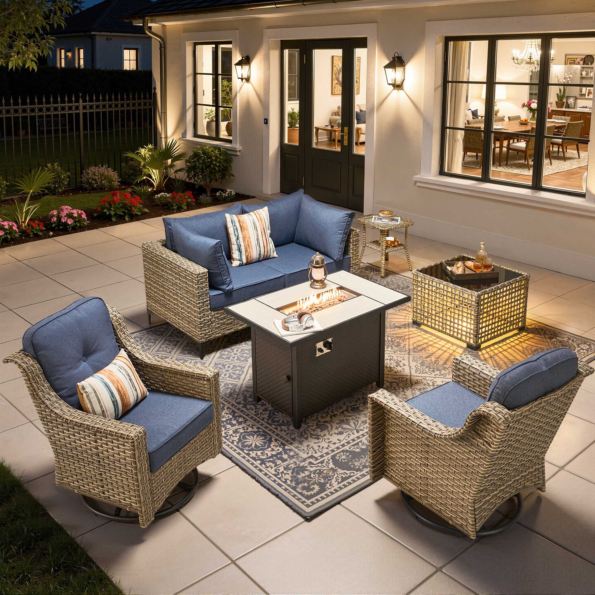 OVIOS Wicker Patio Sectional Conversation Set with Fire Pit Table & Swivel Chairs