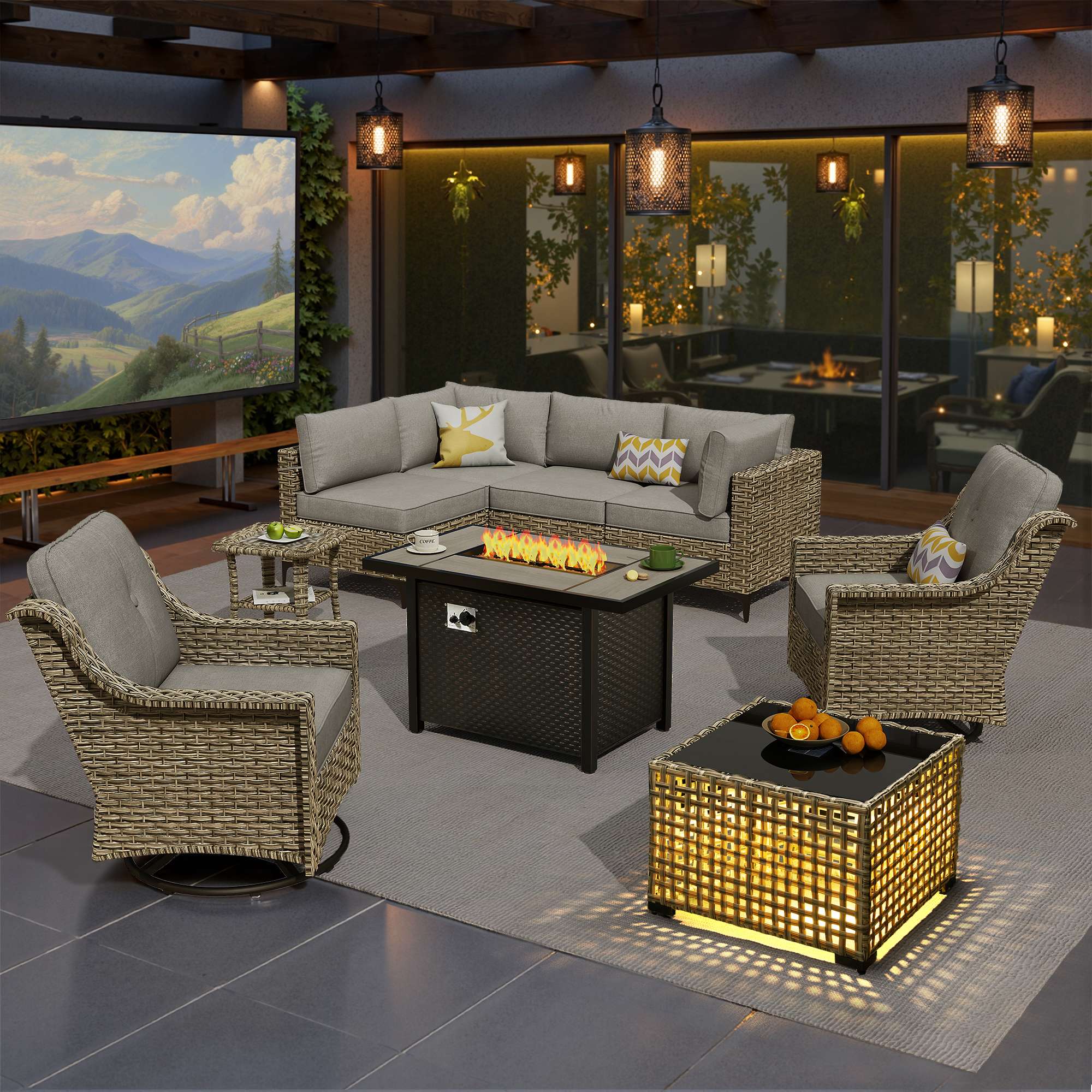 OVIOS Wicker Patio Sectional Conversation Set with Fire Pit Table & Swivel Chairs