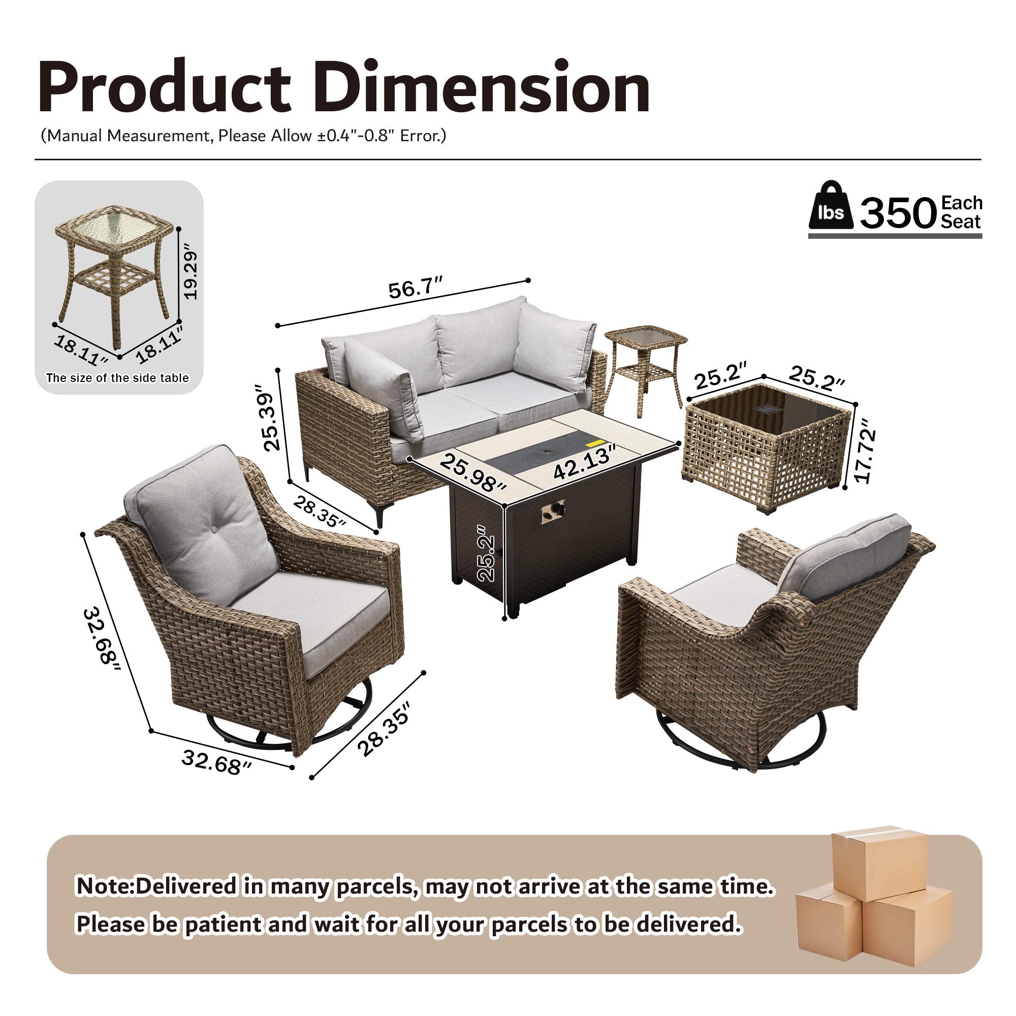 OVIOS Wicker Patio Sectional Conversation Set with Fire Pit Table & Swivel Chairs