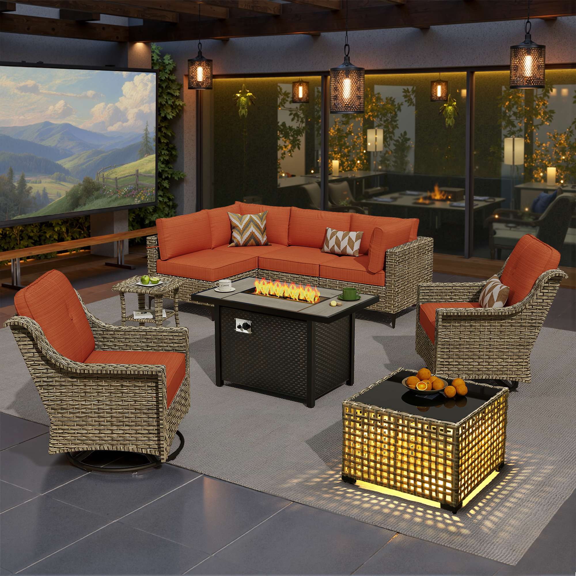 OVIOS Wicker Patio Sectional Conversation Set with Fire Pit Table & Swivel Chairs
