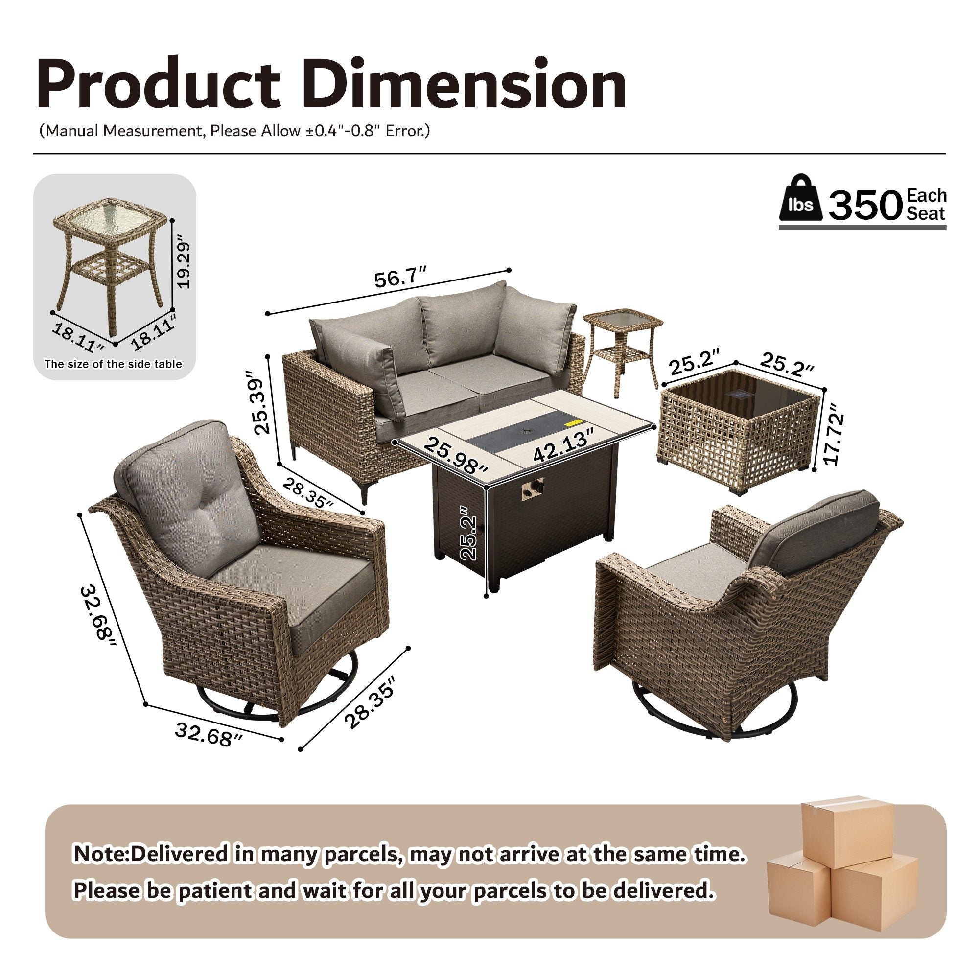 OVIOS Wicker Patio Sectional Conversation Set with Fire Pit Table & Swivel Chairs