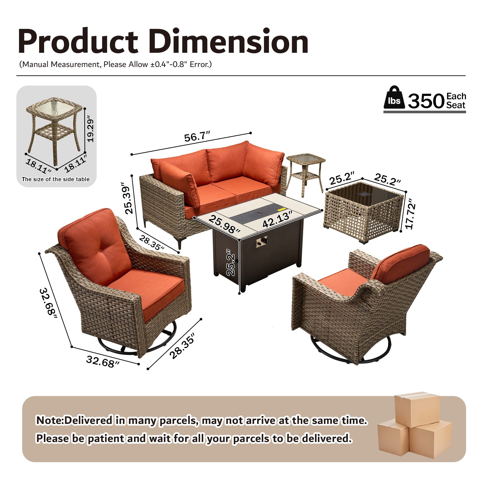 OVIOS Wicker Patio Sectional Conversation Set with Fire Pit Table & Swivel Chairs