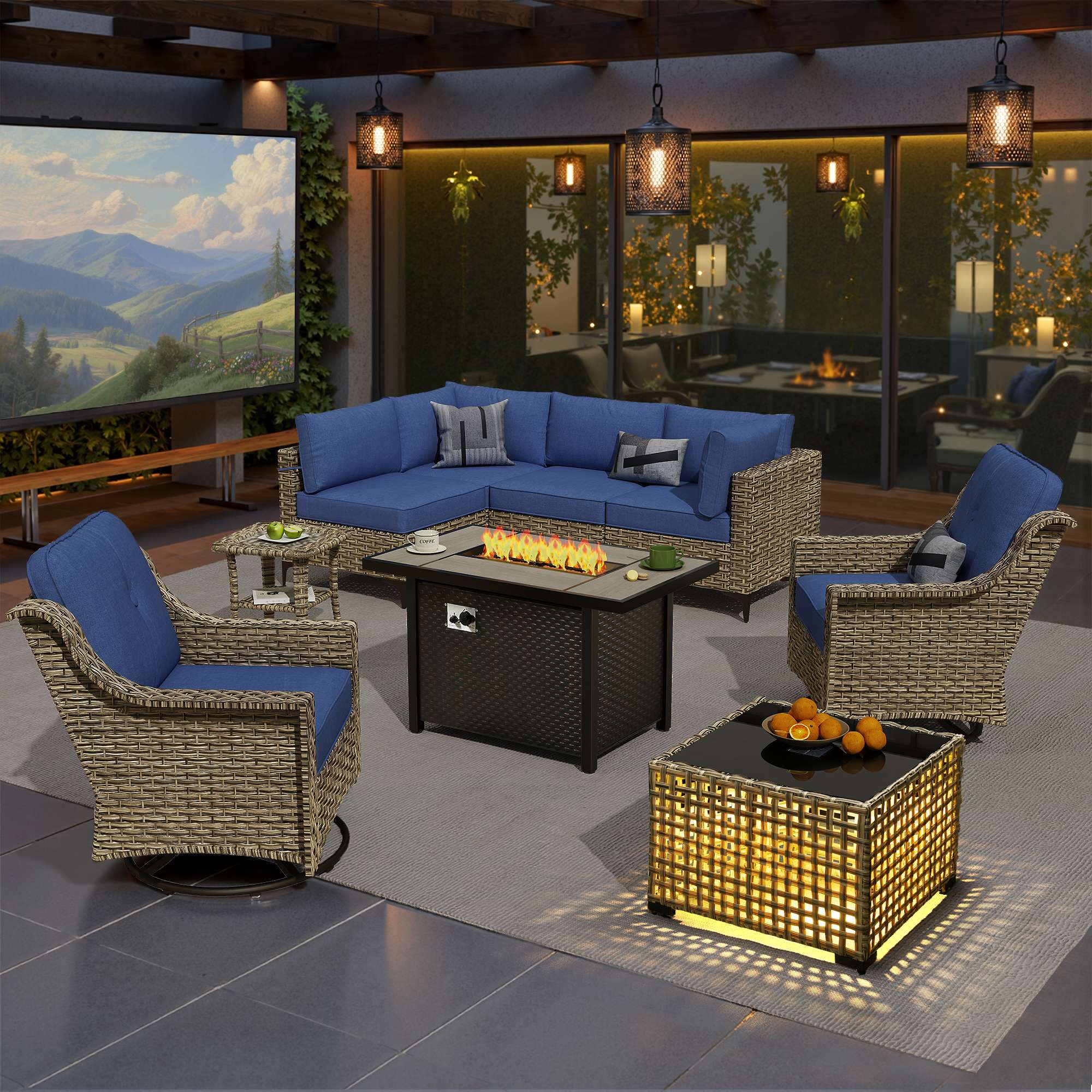 OVIOS Wicker Patio Sectional Conversation Set with Fire Pit Table & Swivel Chairs