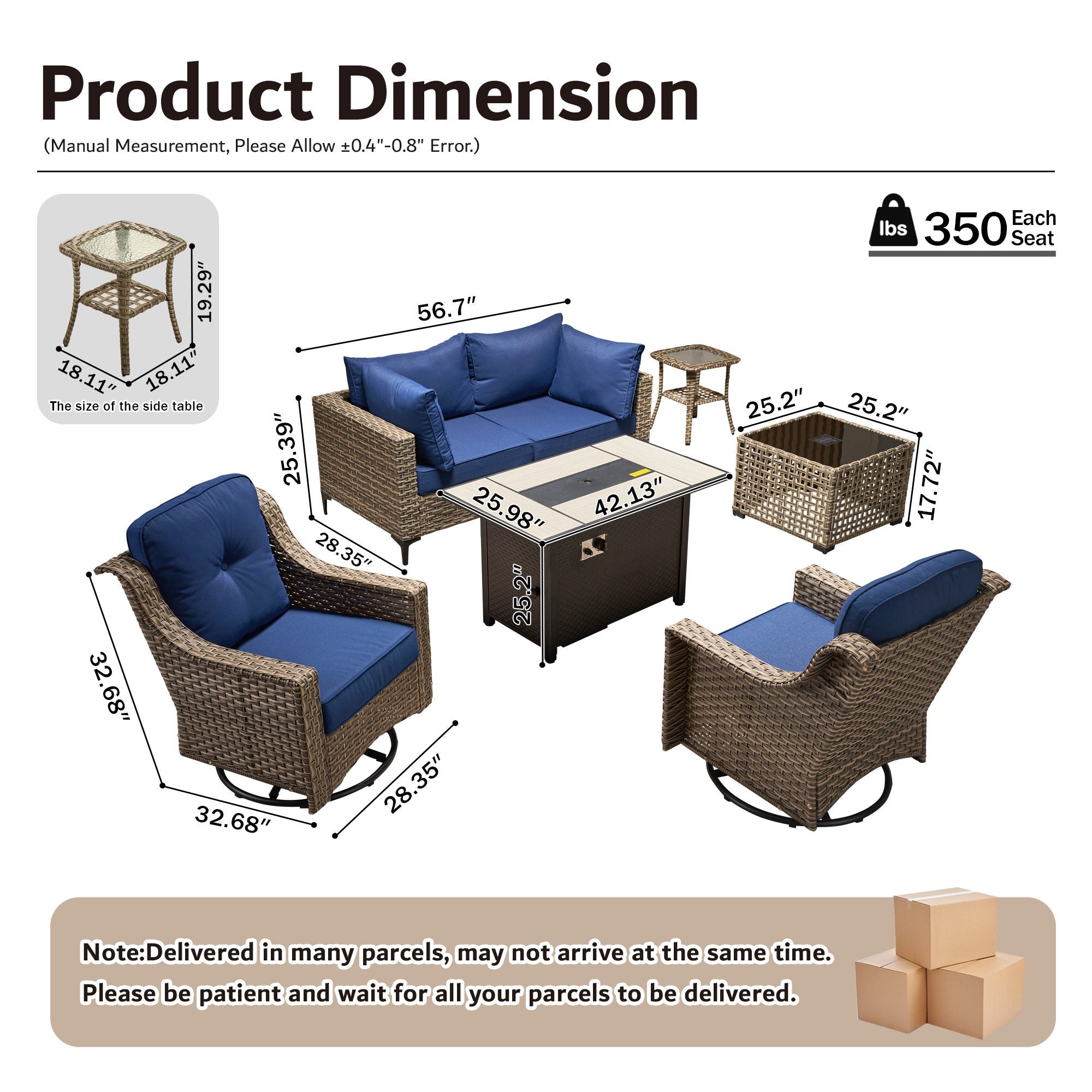 OVIOS Wicker Patio Sectional Conversation Set with Fire Pit Table & Swivel Chairs