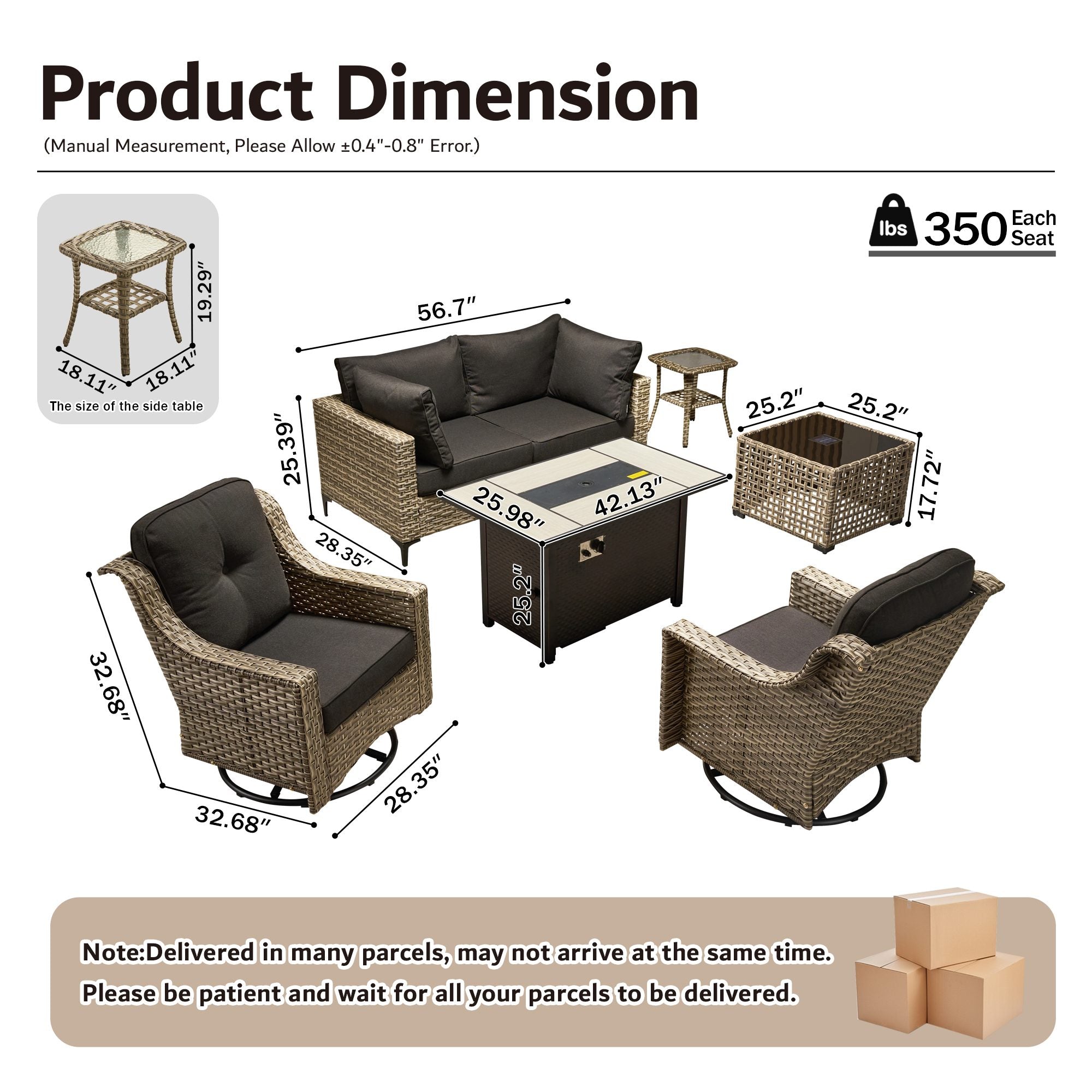 OVIOS Wicker Patio Sectional Conversation Set with Fire Pit Table & Swivel Chairs