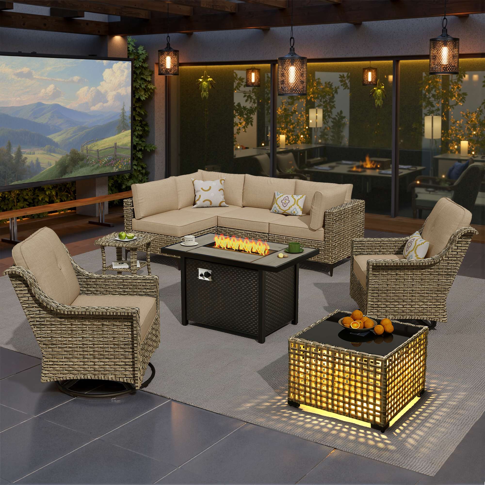 OVIOS Wicker Patio Sectional Conversation Set with Fire Pit Table & Swivel Chairs