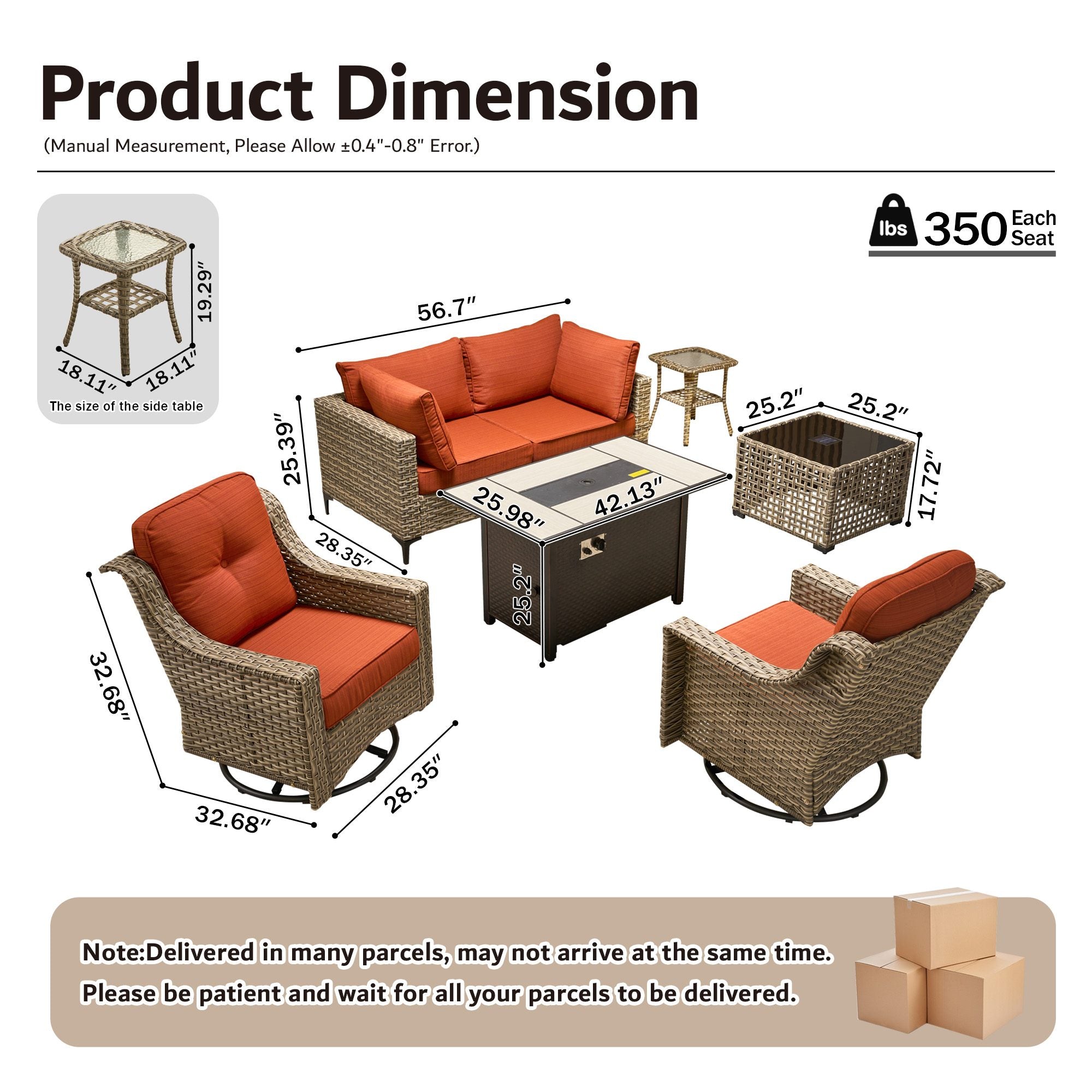 OVIOS Wicker Patio Sectional Conversation Set with Fire Pit Table & Swivel Chairs