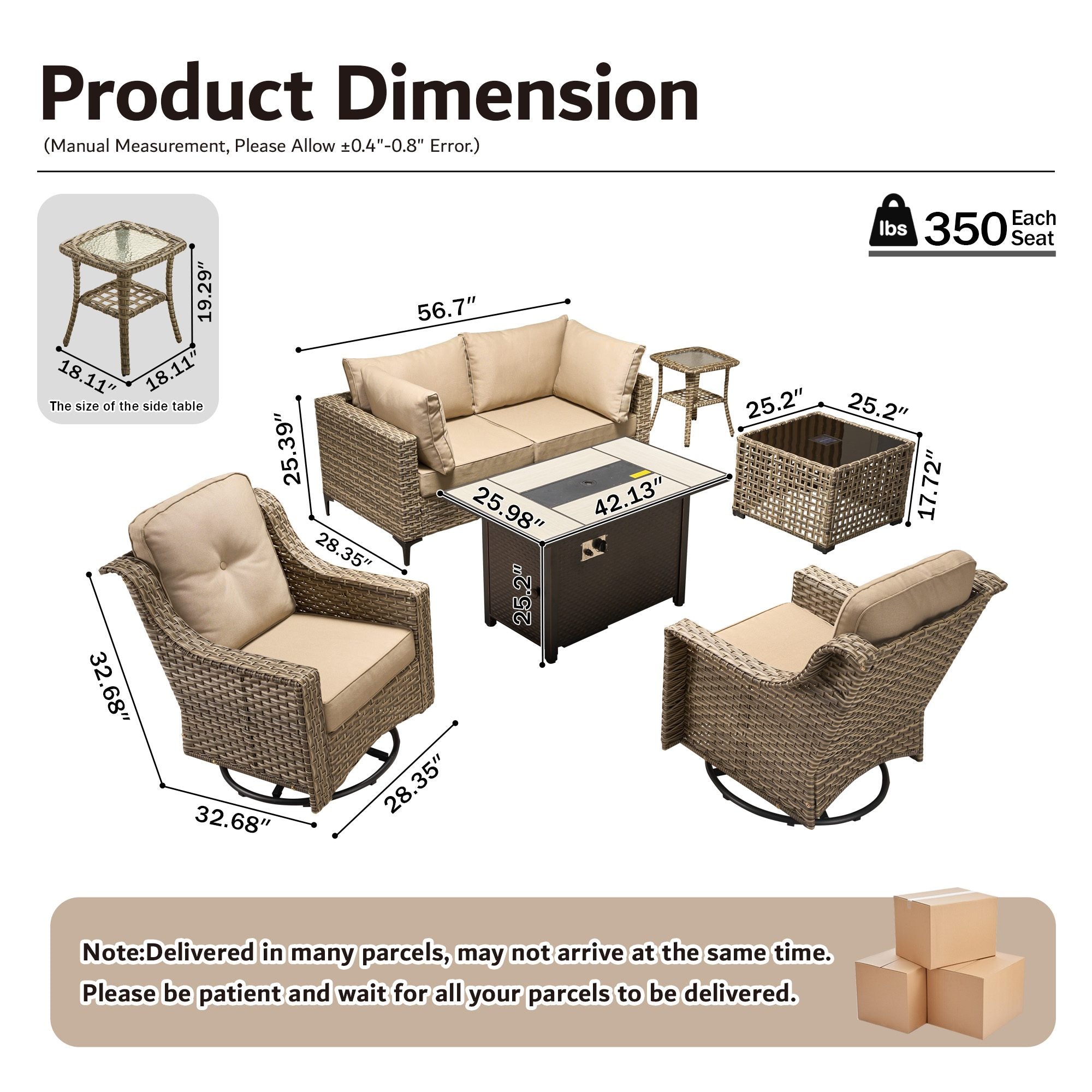 OVIOS Wicker Patio Sectional Conversation Set with Fire Pit Table & Swivel Chairs