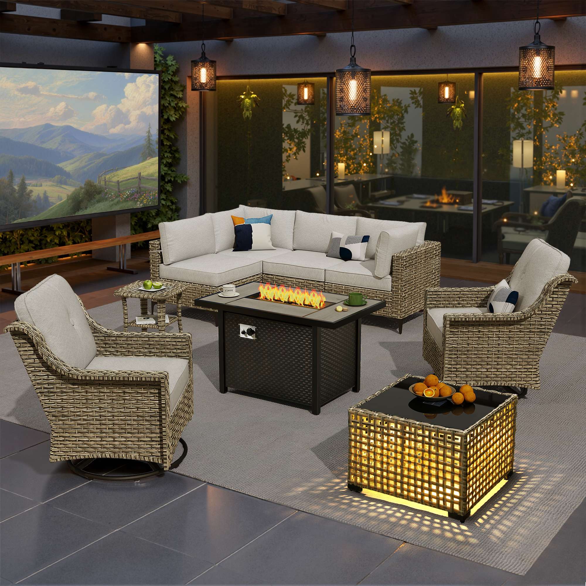 OVIOS Wicker Patio Sectional Conversation Set with Fire Pit Table & Swivel Chairs