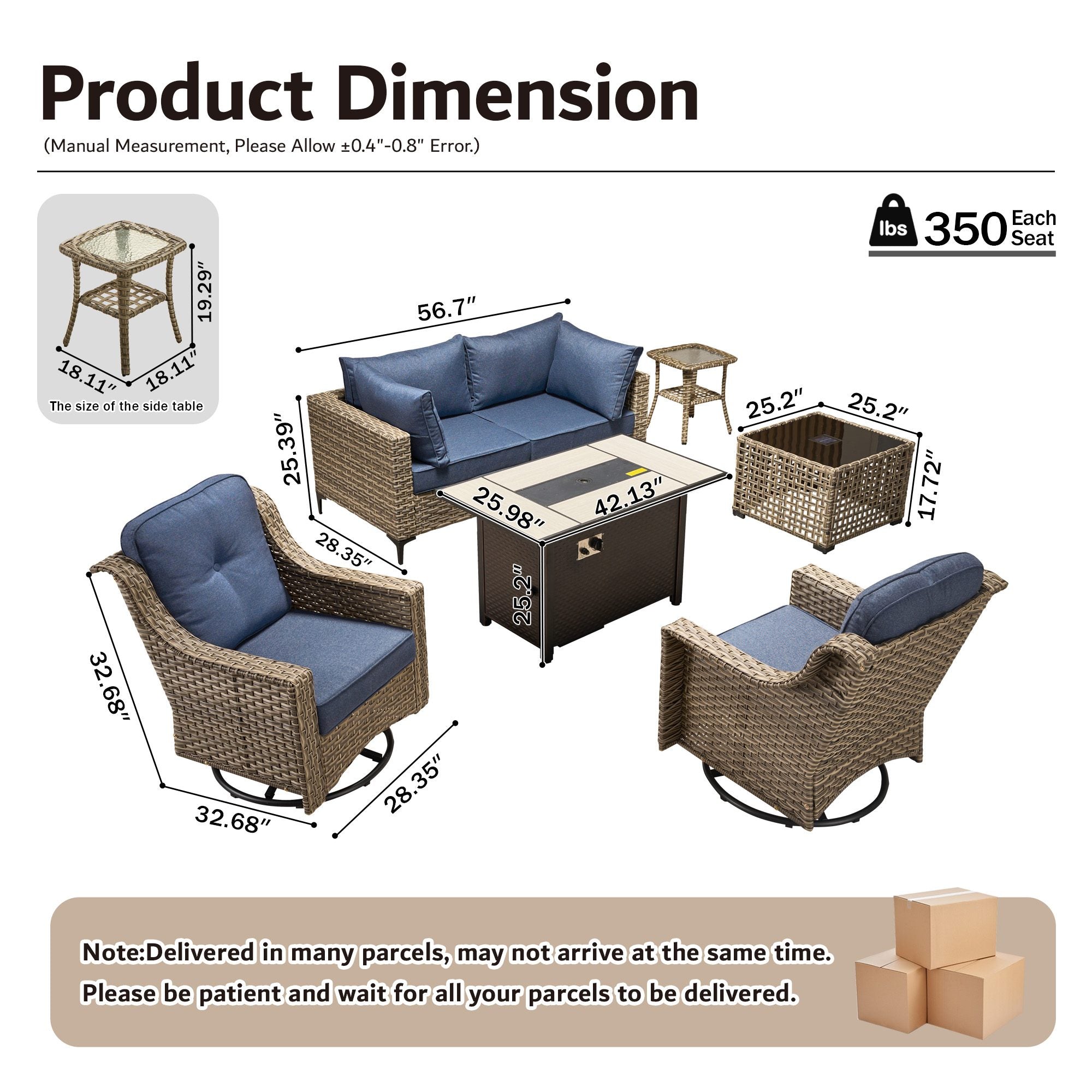 OVIOS Wicker Patio Sectional Conversation Set with Fire Pit Table & Swivel Chairs