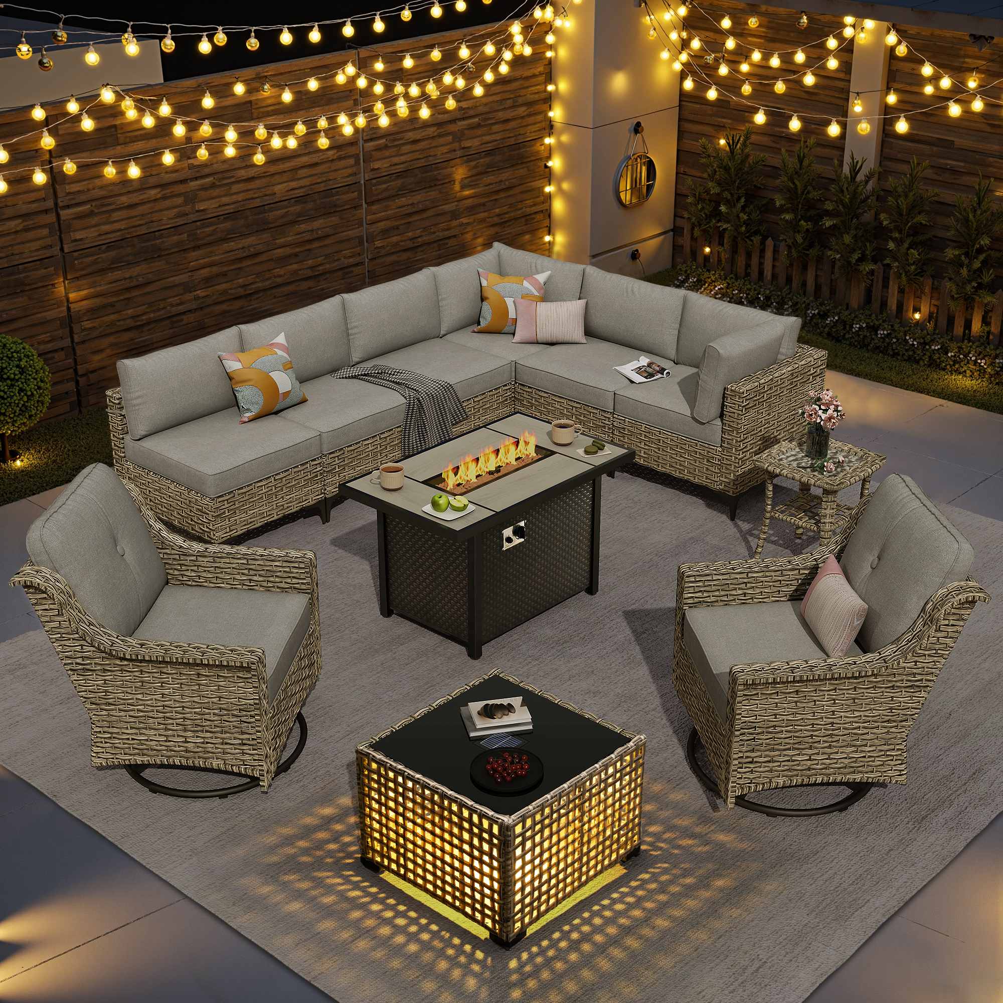 OVIOS Wicker Patio Sectional Conversation Set with Fire Pit Table & Swivel Chairs
