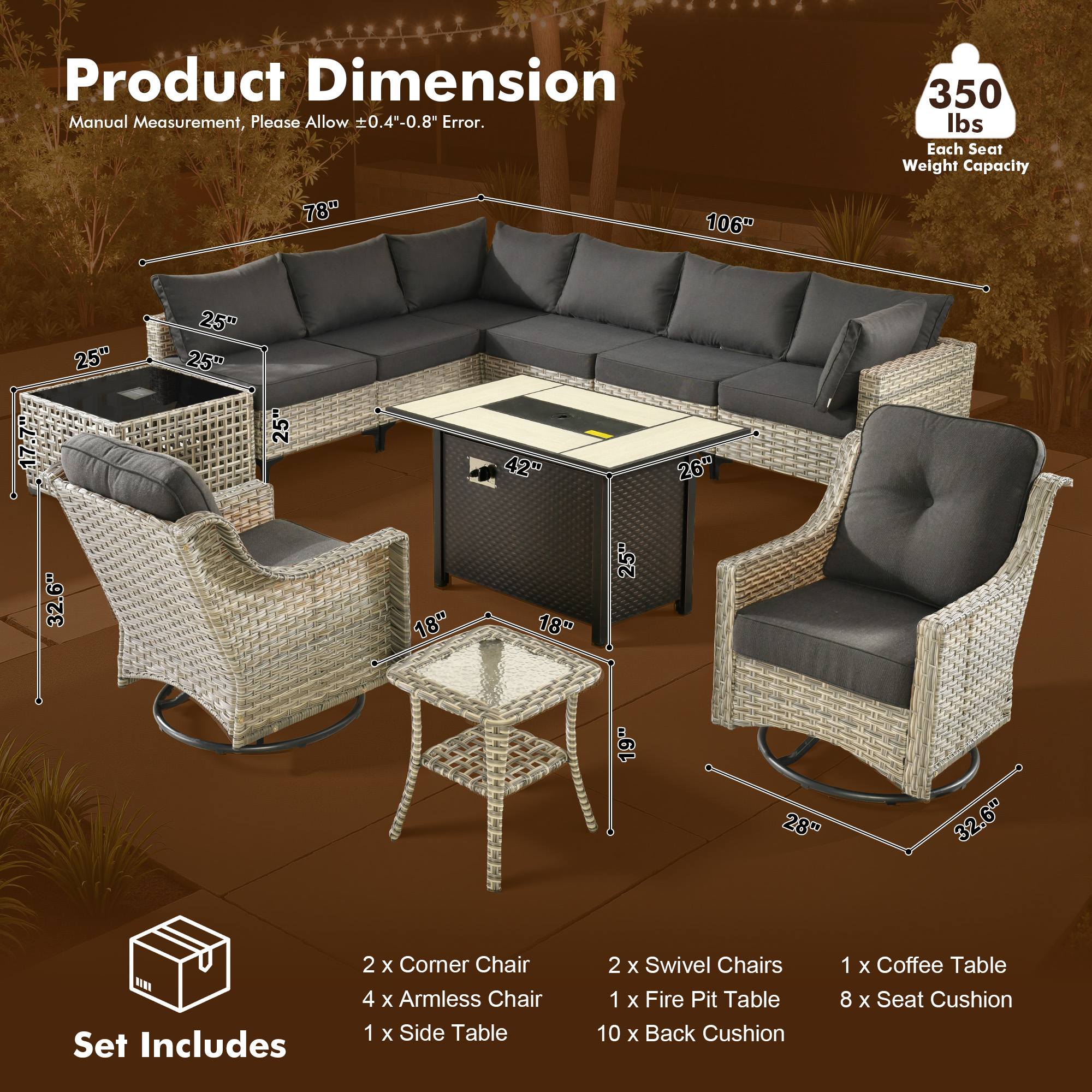 OVIOS Wicker Patio Sectional Conversation Set with Fire Pit Table & Swivel Chairs