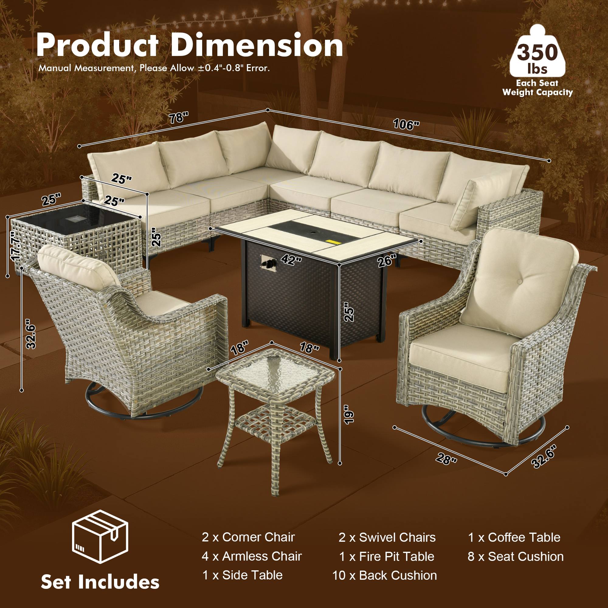 OVIOS Wicker Patio Sectional Conversation Set with Fire Pit Table & Swivel Chairs