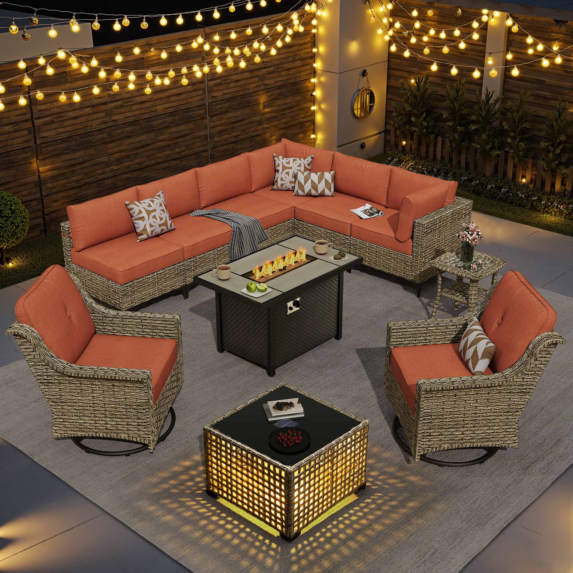 OVIOS Wicker Patio Sectional Conversation Set with Fire Pit Table & Swivel Chairs