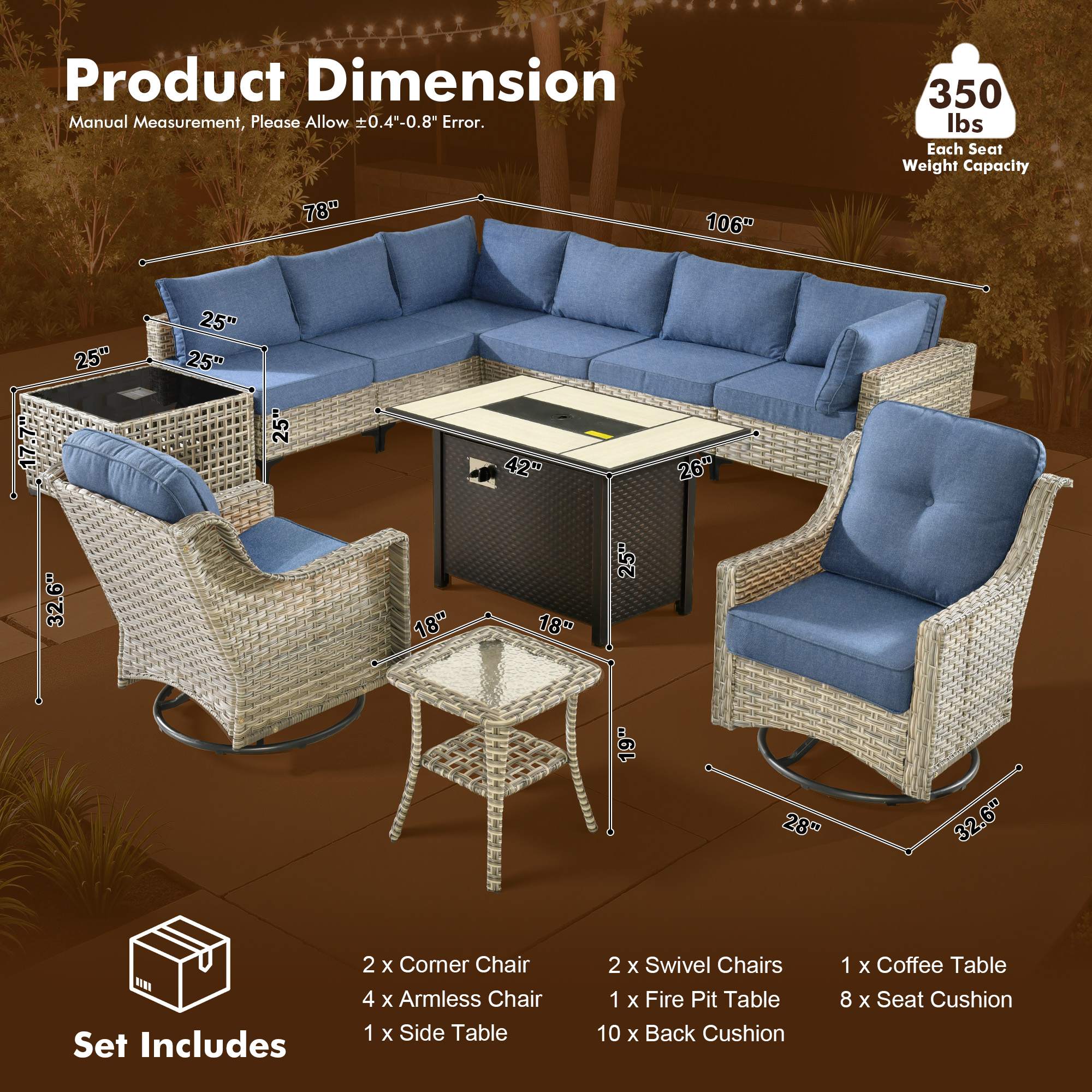 OVIOS Wicker Patio Sectional Conversation Set with Fire Pit Table & Swivel Chairs