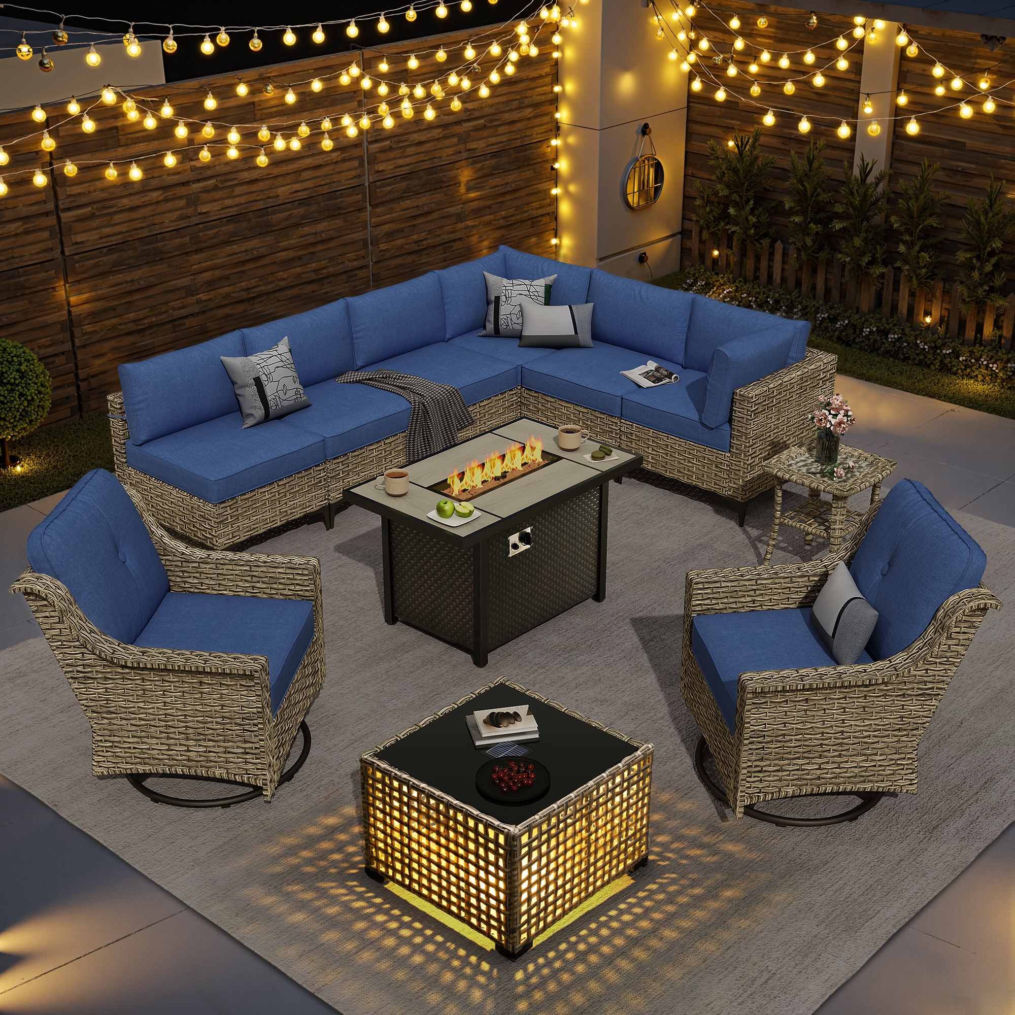 OVIOS Wicker Patio Sectional Conversation Set with Fire Pit Table & Swivel Chairs