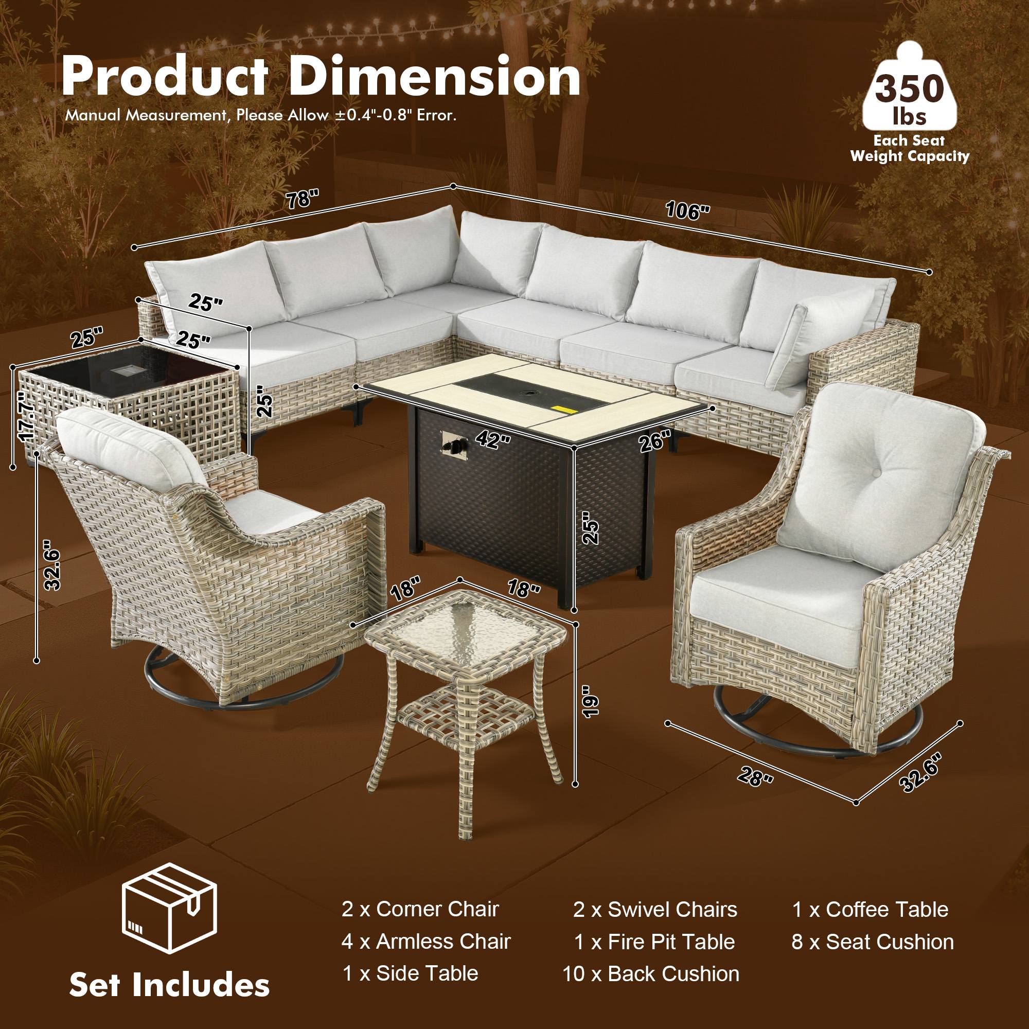 OVIOS Wicker Patio Sectional Conversation Set with Fire Pit Table & Swivel Chairs