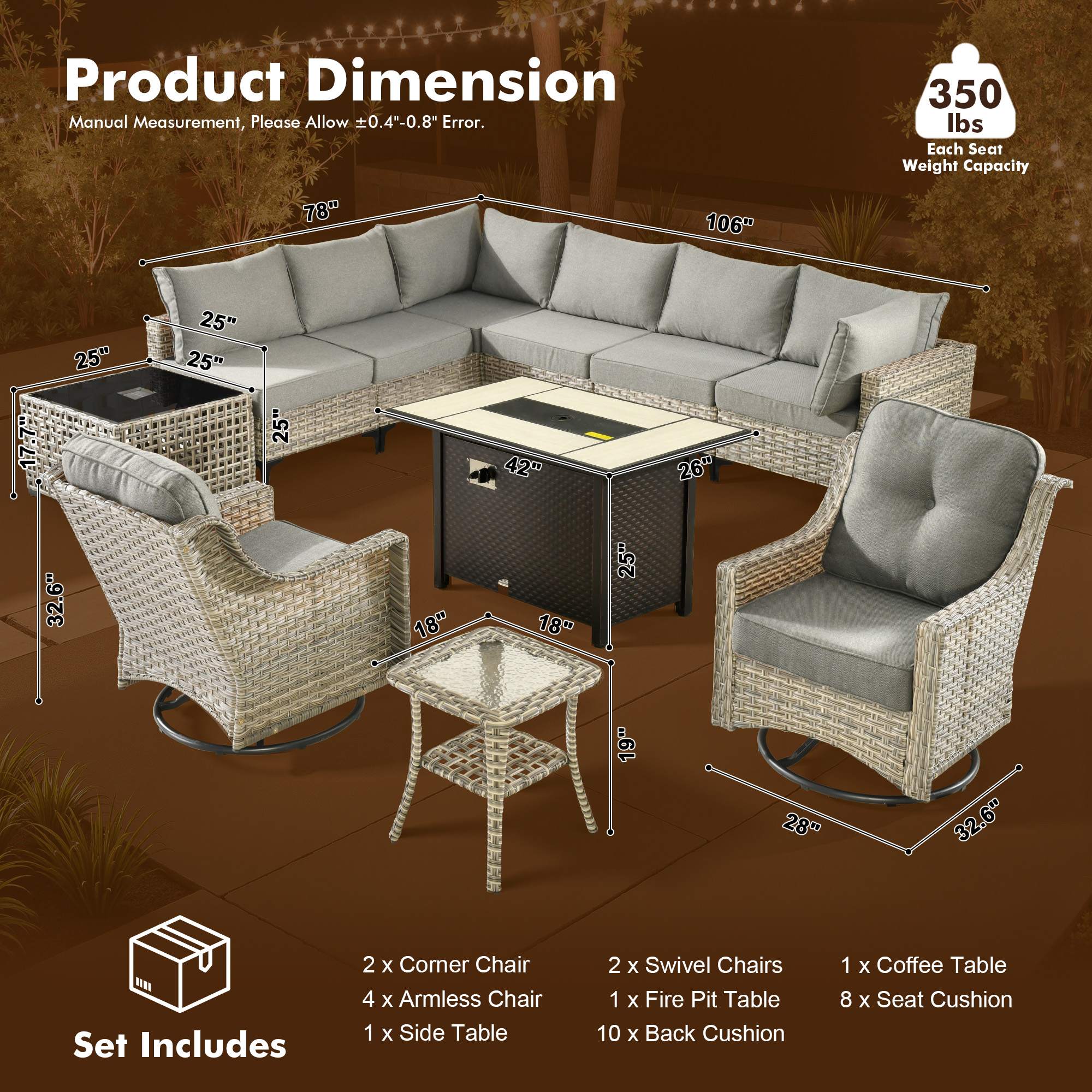OVIOS Wicker Patio Sectional Conversation Set with Fire Pit Table & Swivel Chairs
