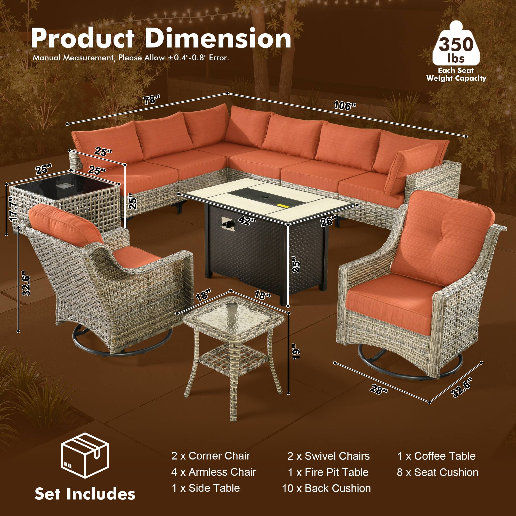 OVIOS Wicker Patio Sectional Conversation Set with Fire Pit Table & Swivel Chairs