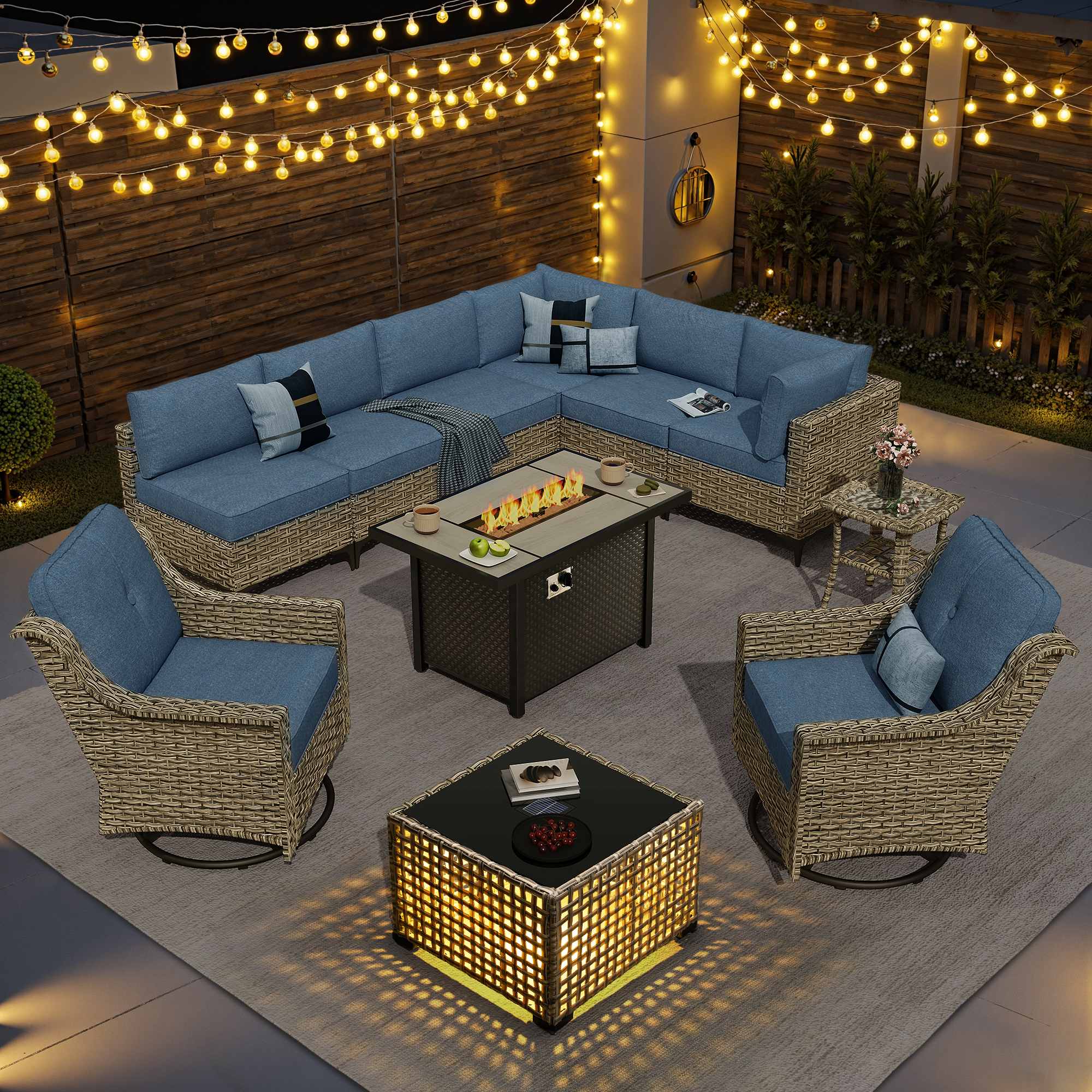 OVIOS Wicker Patio Sectional Conversation Set with Fire Pit Table & Swivel Chairs