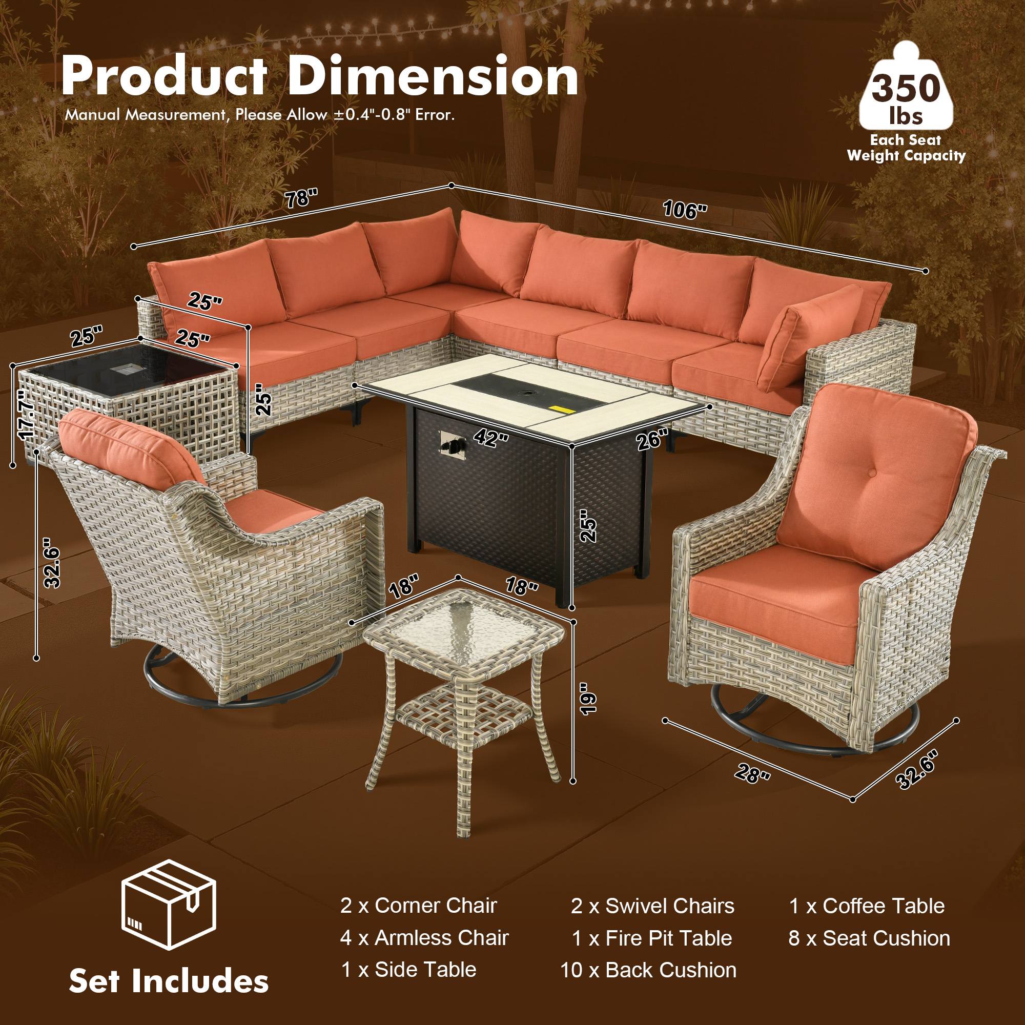 OVIOS Wicker Patio Sectional Conversation Set with Fire Pit Table & Swivel Chairs